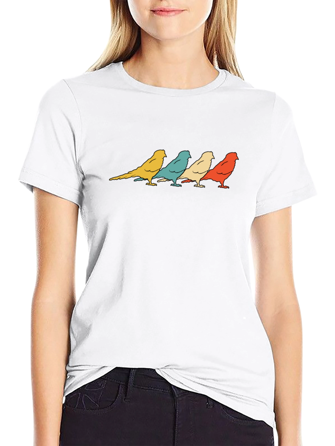 Retro Birds Graphic Print T-Shirt - Black