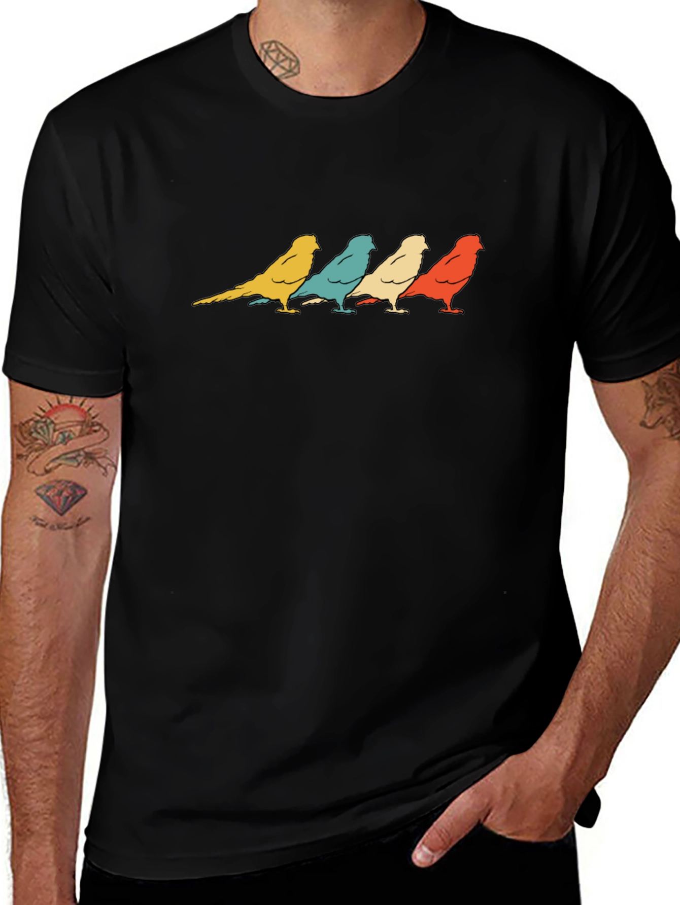 Retro Birds Graphic Print T-Shirt - Black