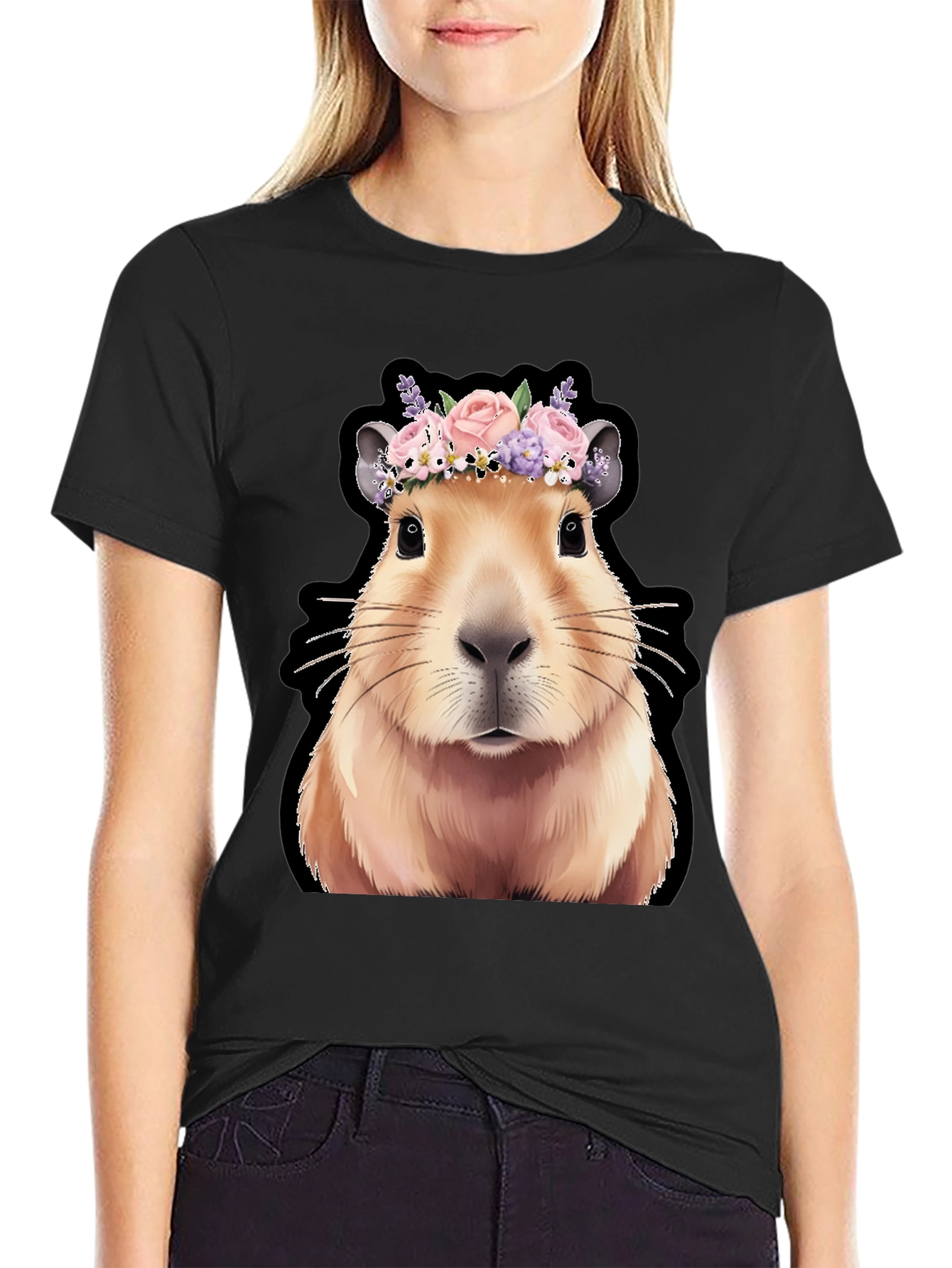Capybara Flower Crown Graphic Tee - Trendy Animal T-Shirt