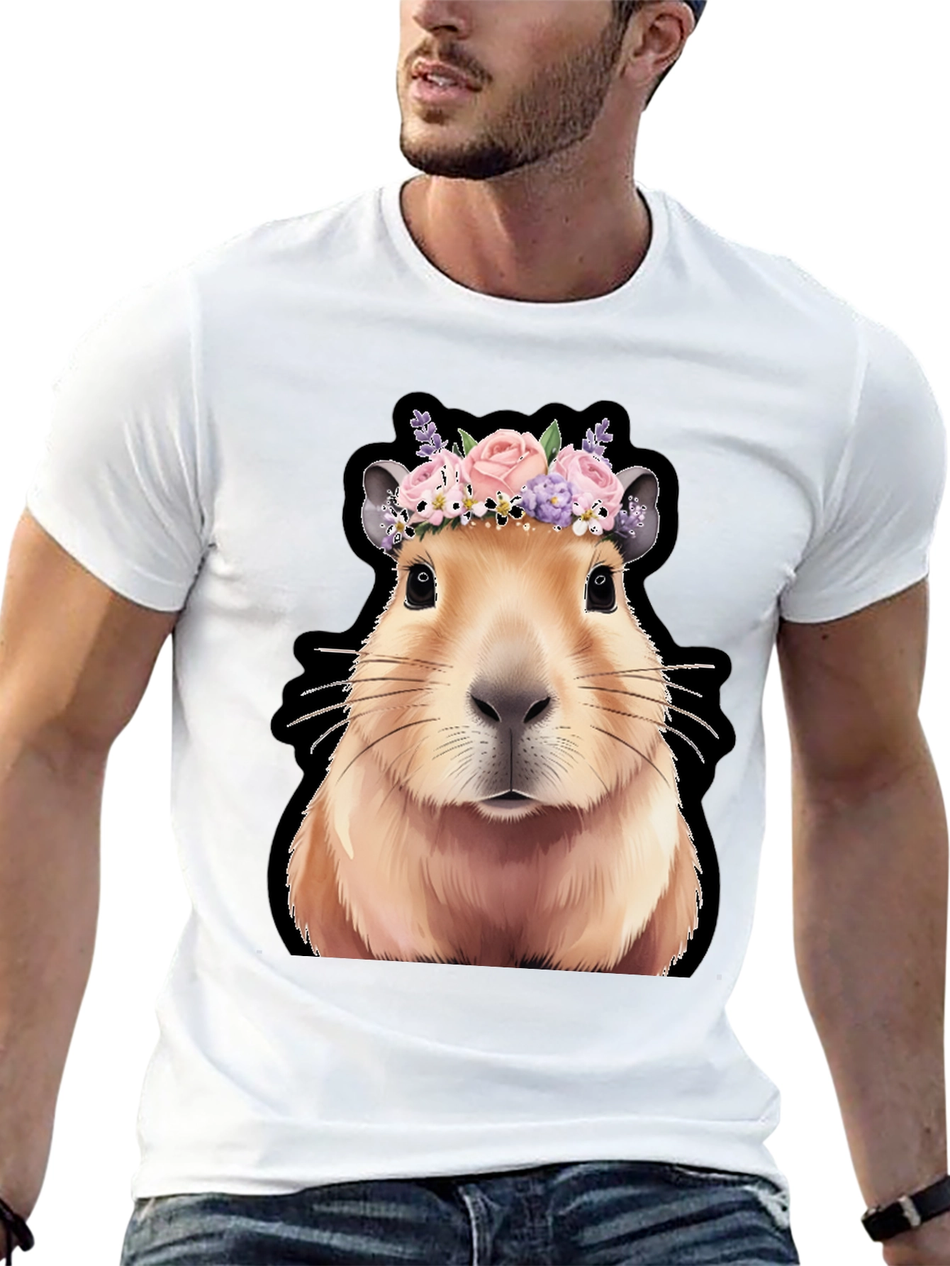 Capybara Flower Crown Graphic Tee - Trendy Animal T-Shirt