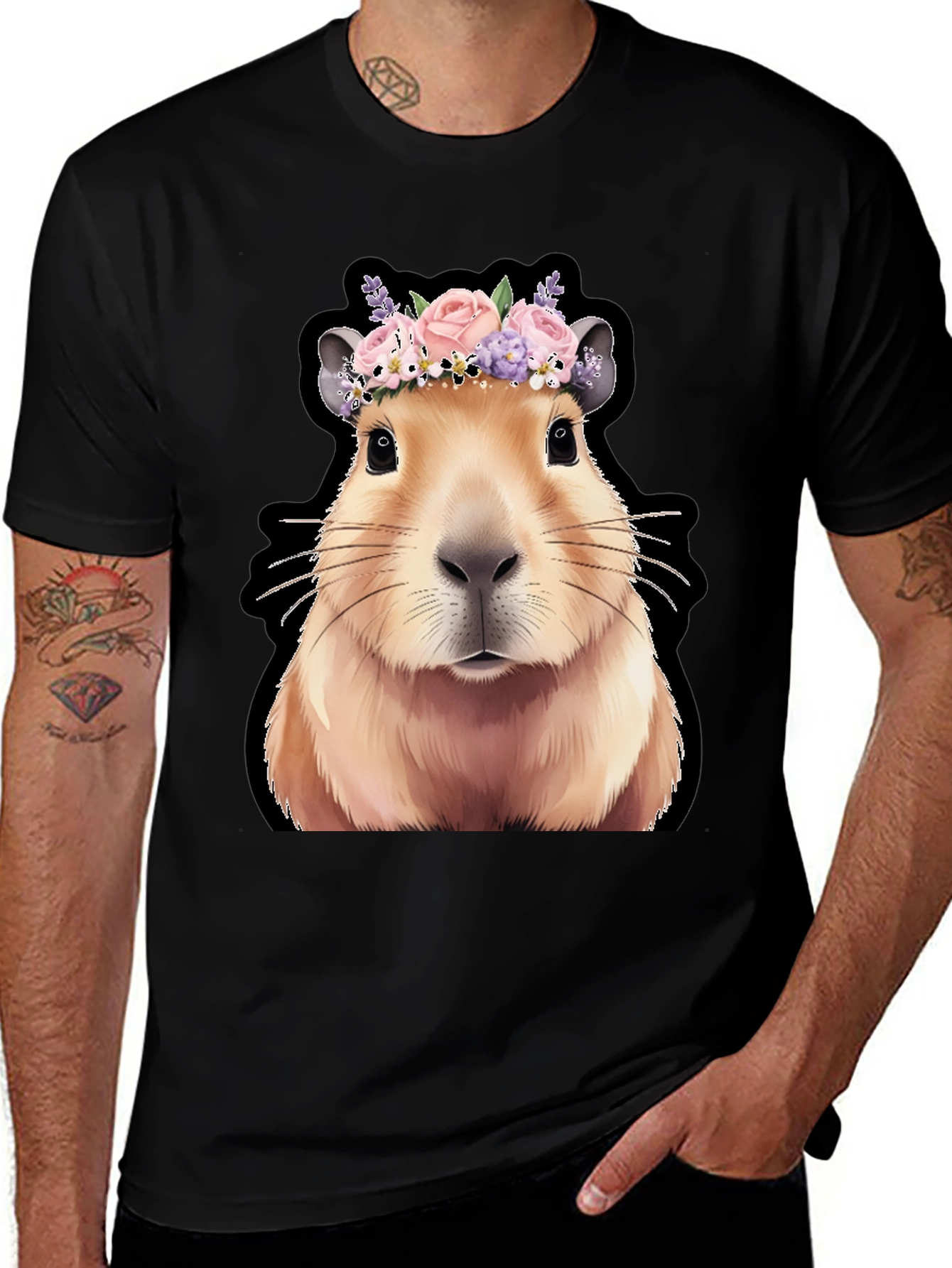 Capybara Flower Crown Graphic Tee - Trendy Animal T-Shirt