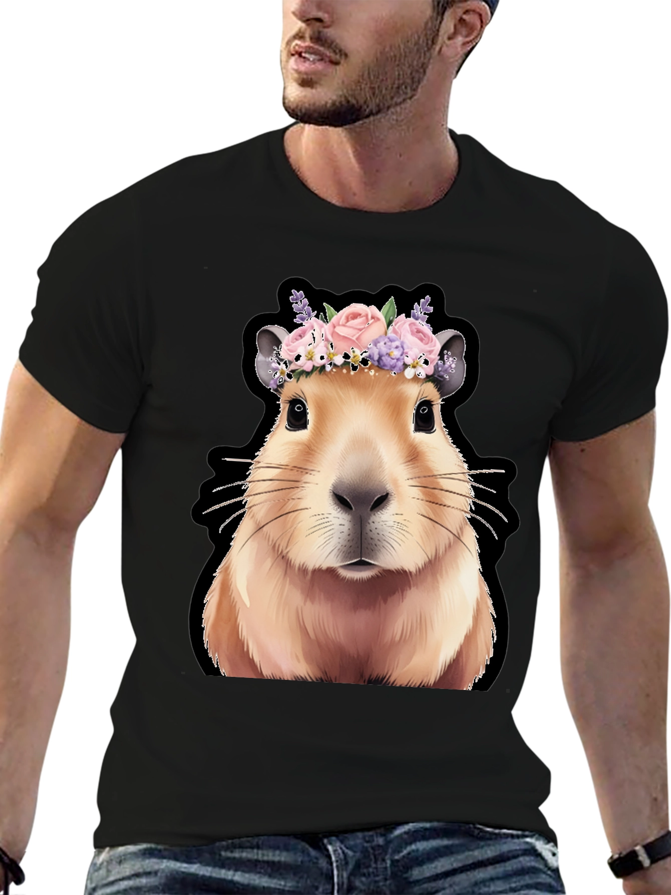 Capybara Flower Crown Graphic Tee - Trendy Animal T-Shirt