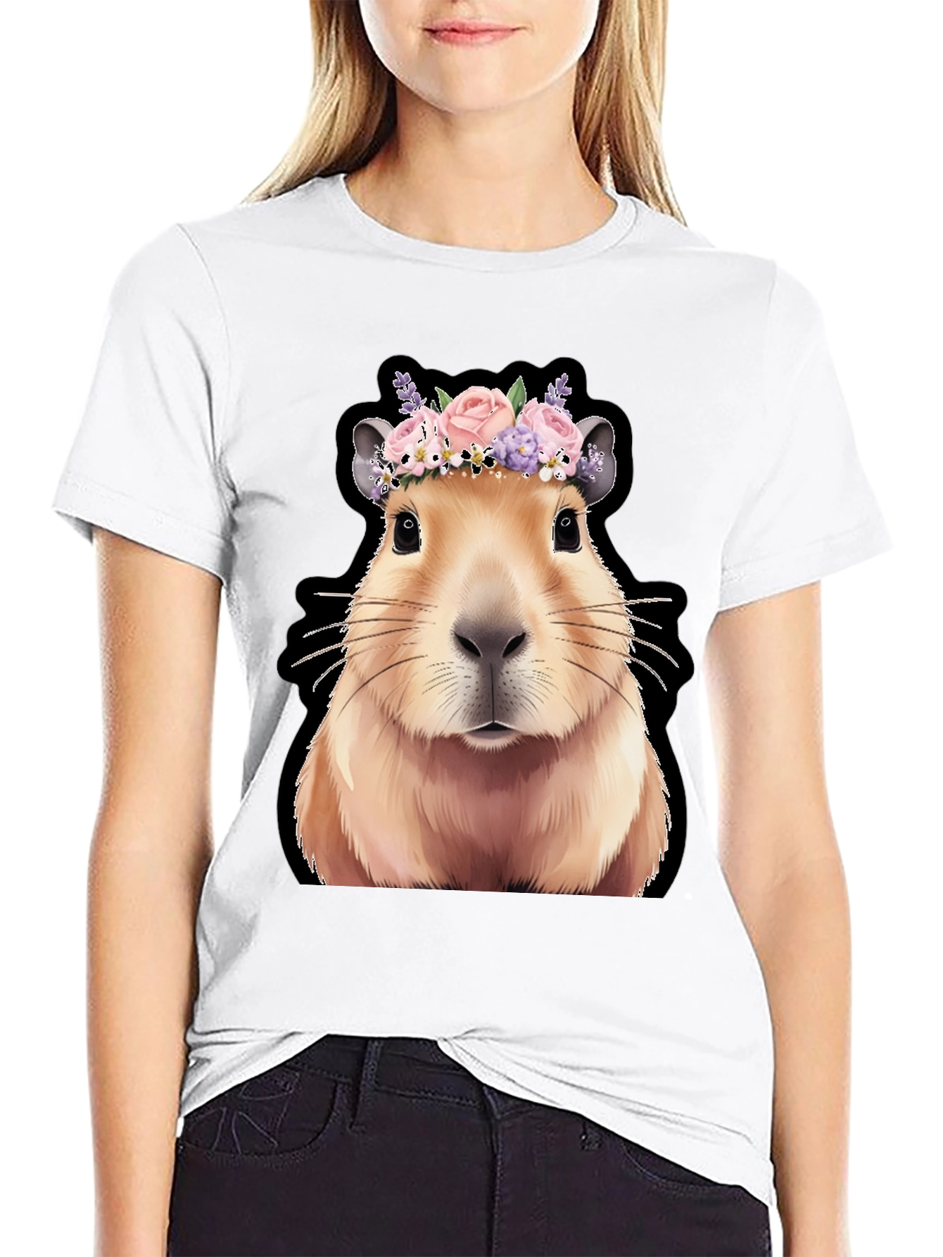 Capybara Flower Crown Graphic Tee - Trendy Animal T-Shirt