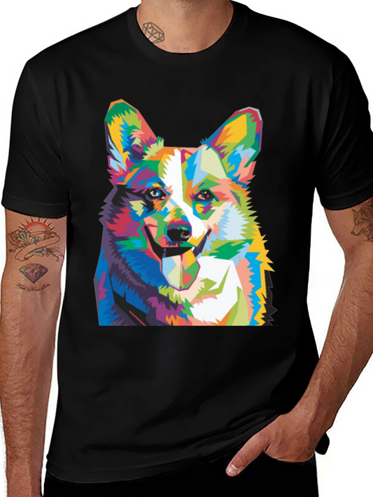 Corgi Dog Colorful Graphic Print Black T-Shirt