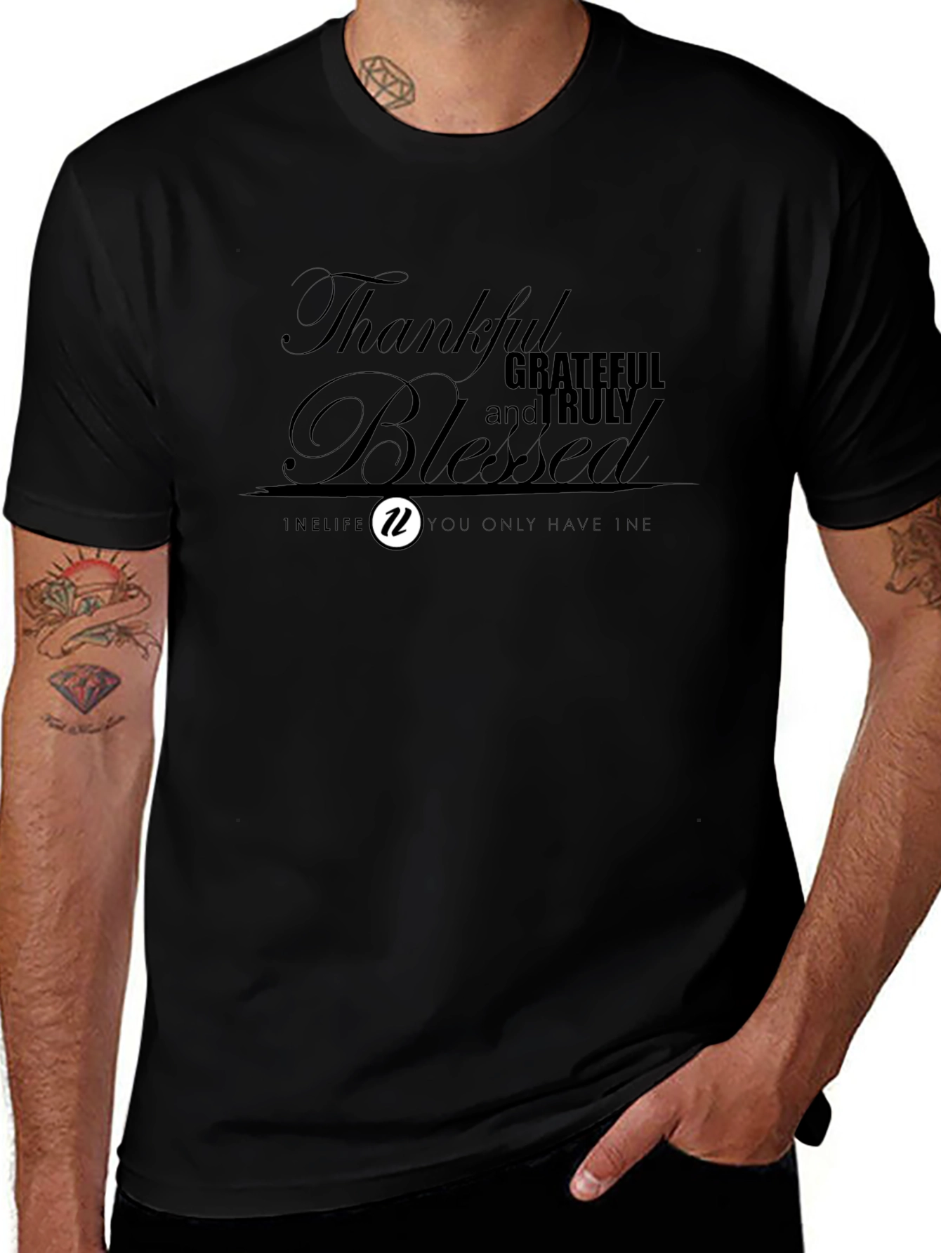 Thankful Blessed T-Shirt | Mens Black Crew Neck