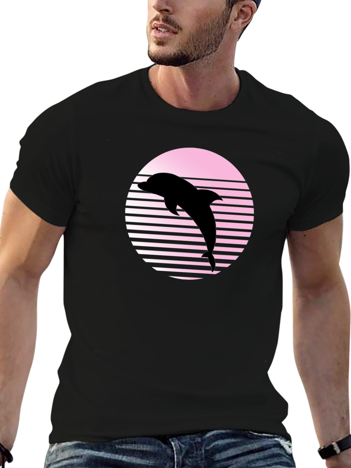 Retro Dolphin Graphic Tee - Black Cotton Blend