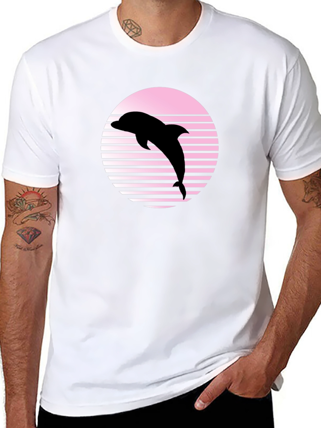 Retro Dolphin Graphic Tee - Black Cotton Blend