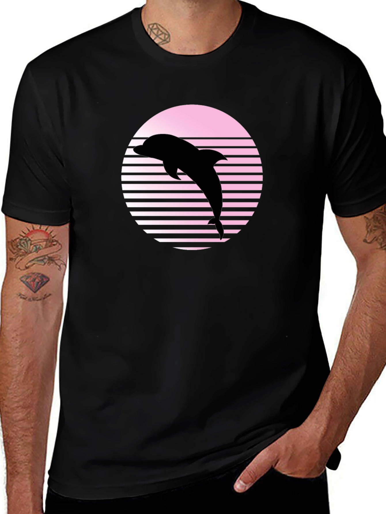 Retro Dolphin Graphic Tee - Black Cotton Blend