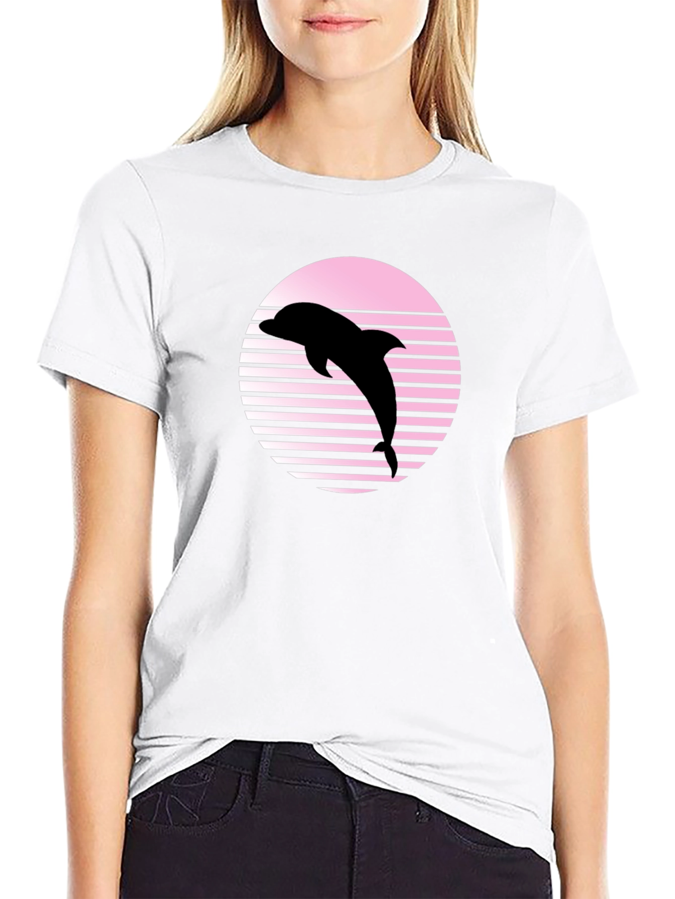 Retro Dolphin Graphic Tee - Black Cotton Blend