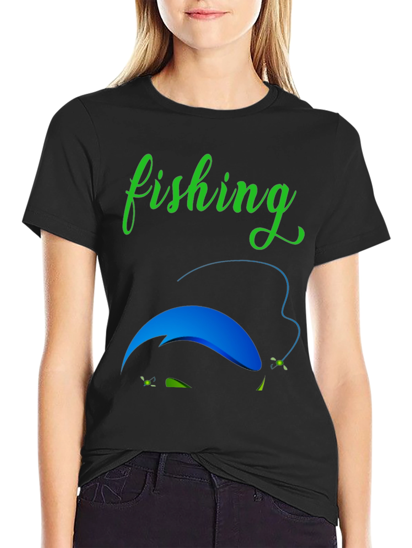 Fishing Graphic Tee - Mens Black Cotton Blend T-Shirt