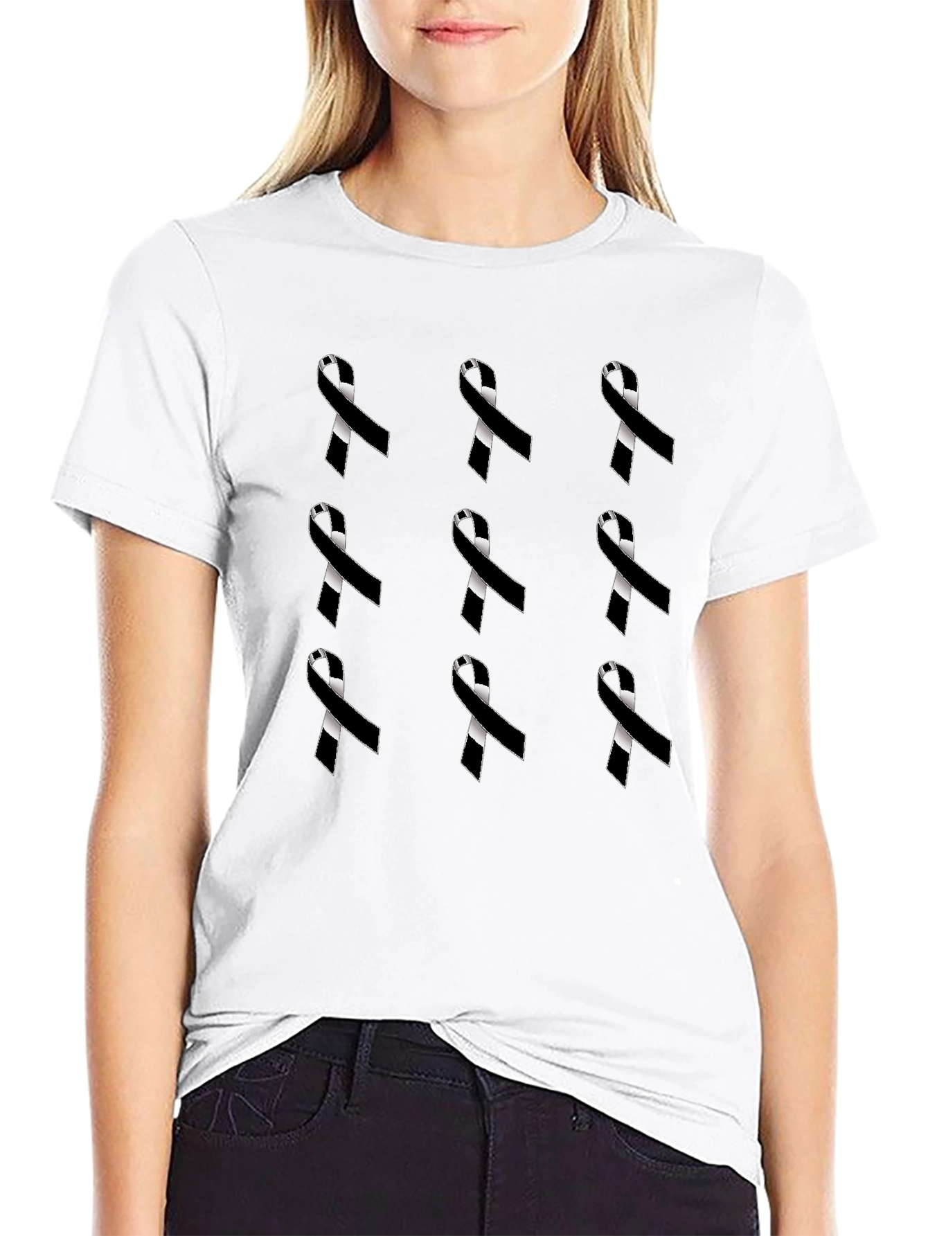 Ribbon Pattern Black Crewneck T-Shirt