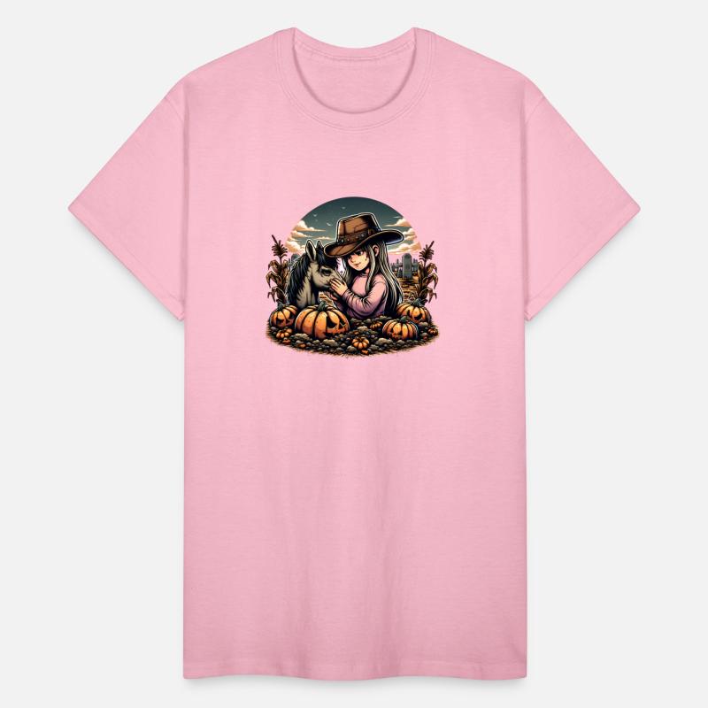 Autumn Cowboy Girl with Horse in Pumpkin Patch