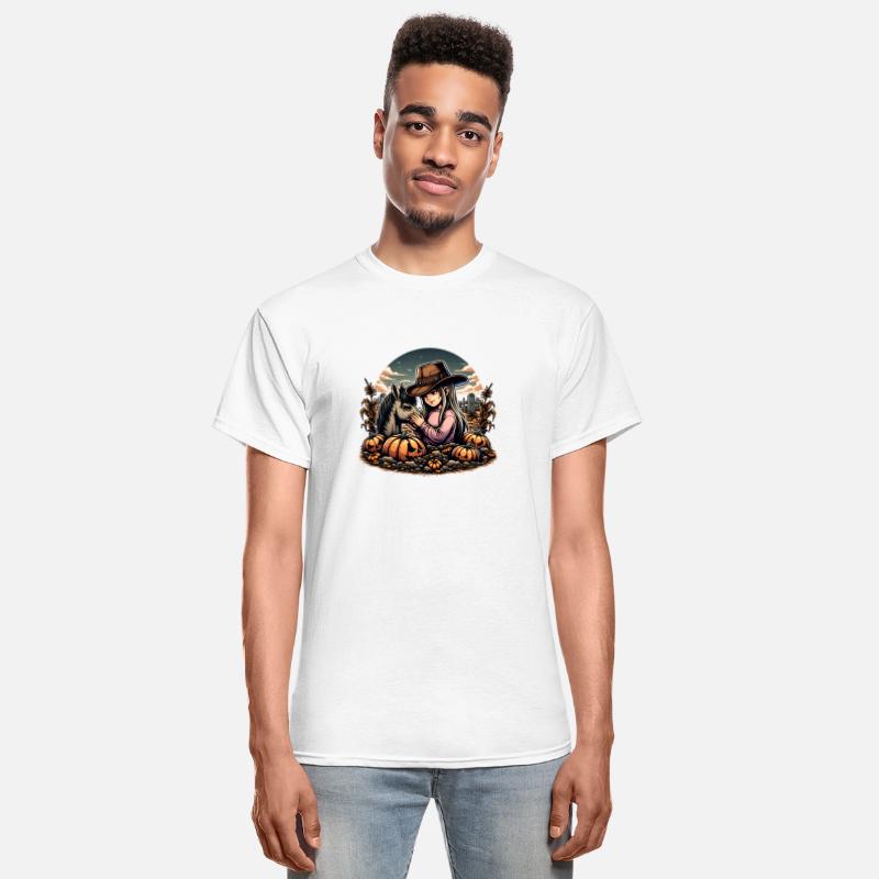 Autumn Cowboy Girl with Horse in Pumpkin Patch