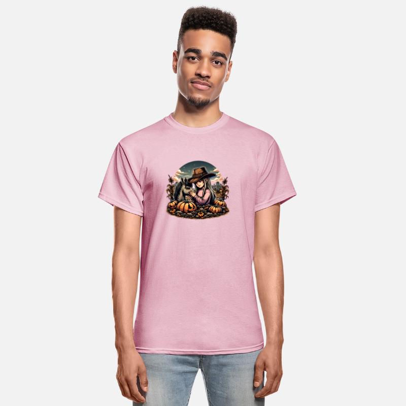 Autumn Cowboy Girl with Horse in Pumpkin Patch