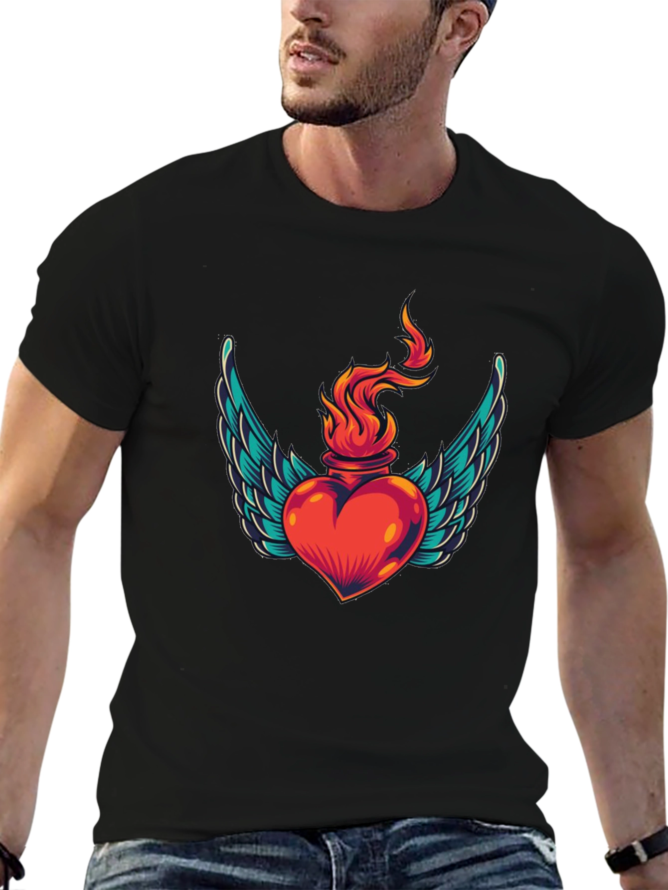 Winged Heart Flame Graphic Tee - Stylish Black T-Shirt