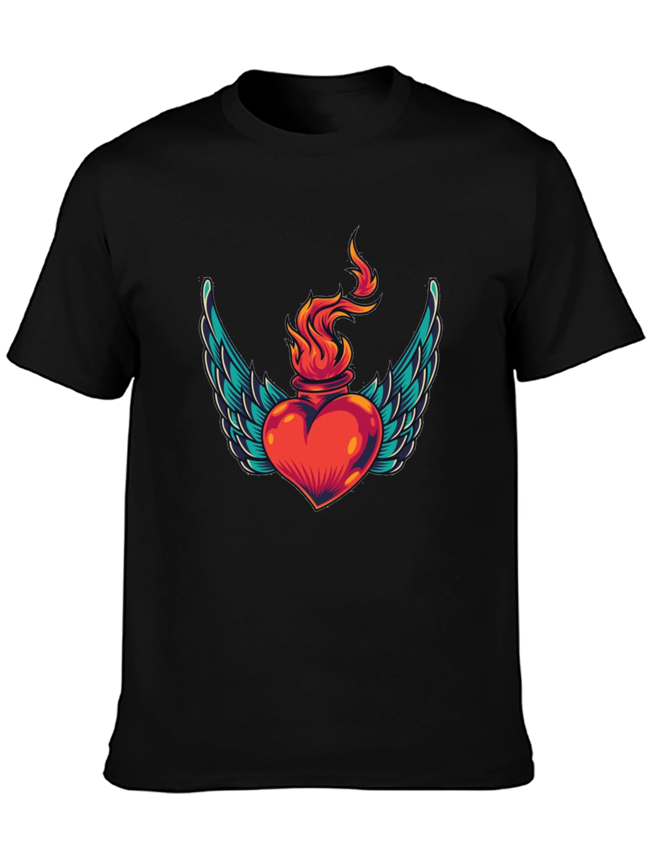 Winged Heart Flame Graphic Tee - Stylish Black T-Shirt