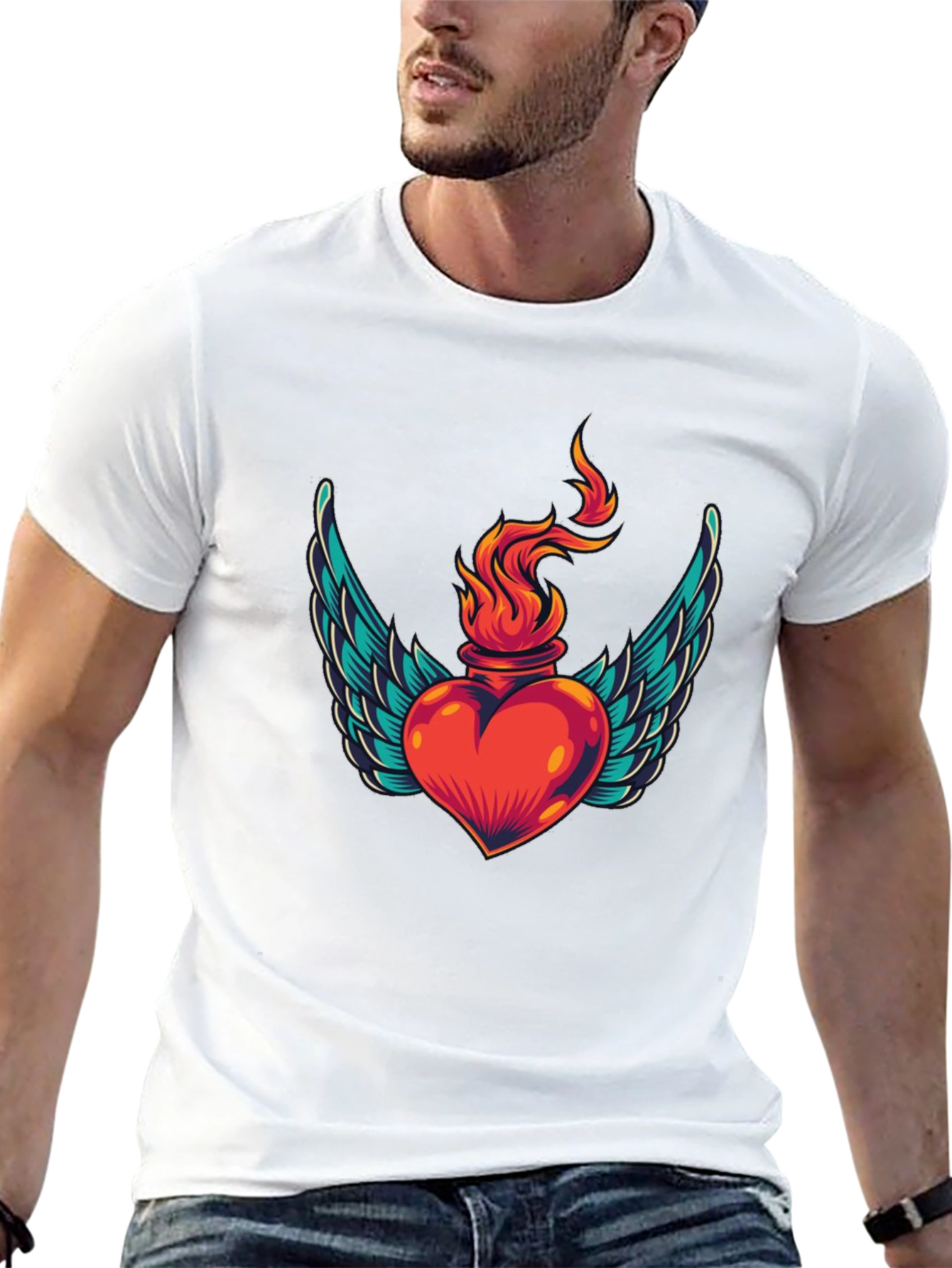 Winged Heart Flame Graphic Tee - Stylish Black T-Shirt
