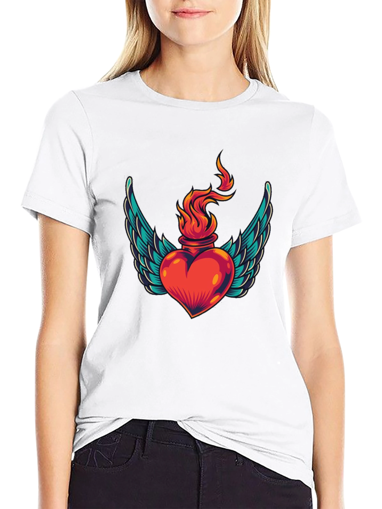 Winged Heart Flame Graphic Tee - Stylish Black T-Shirt