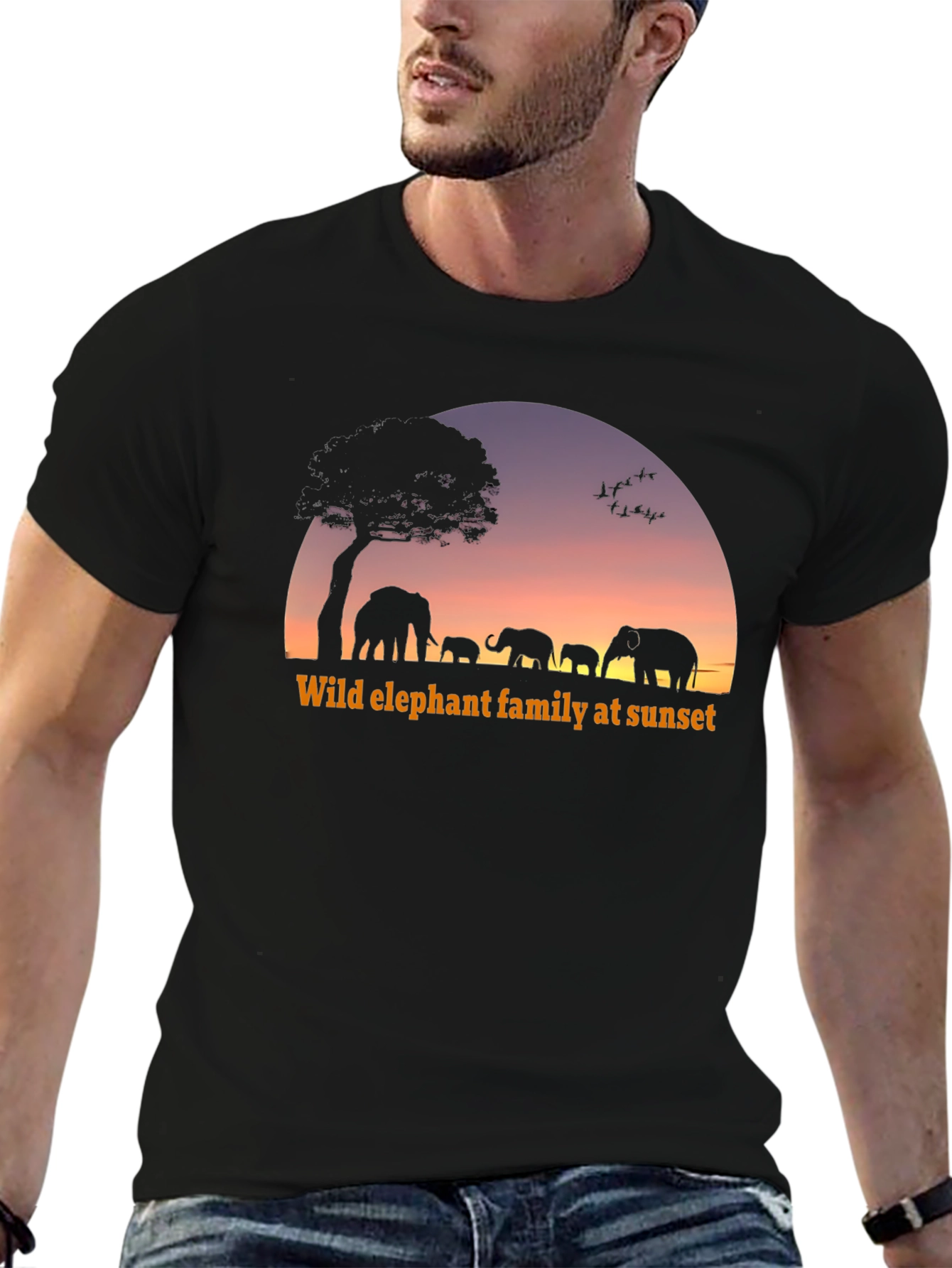 Elephant Family Sunset Graphic T-Shirt