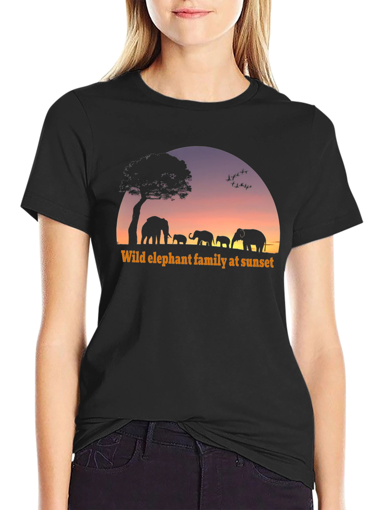 Elephant Family Sunset Graphic T-Shirt