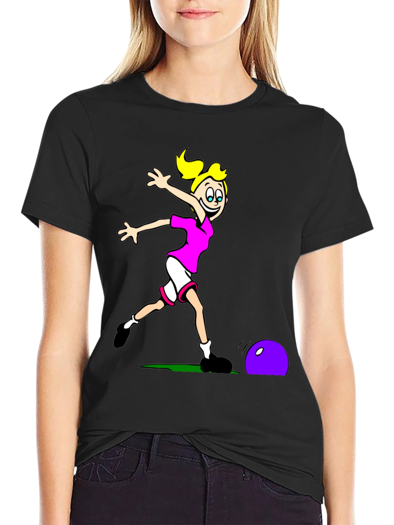 Cartoon Soccer Girl T-Shirt - Black Cotton Tee