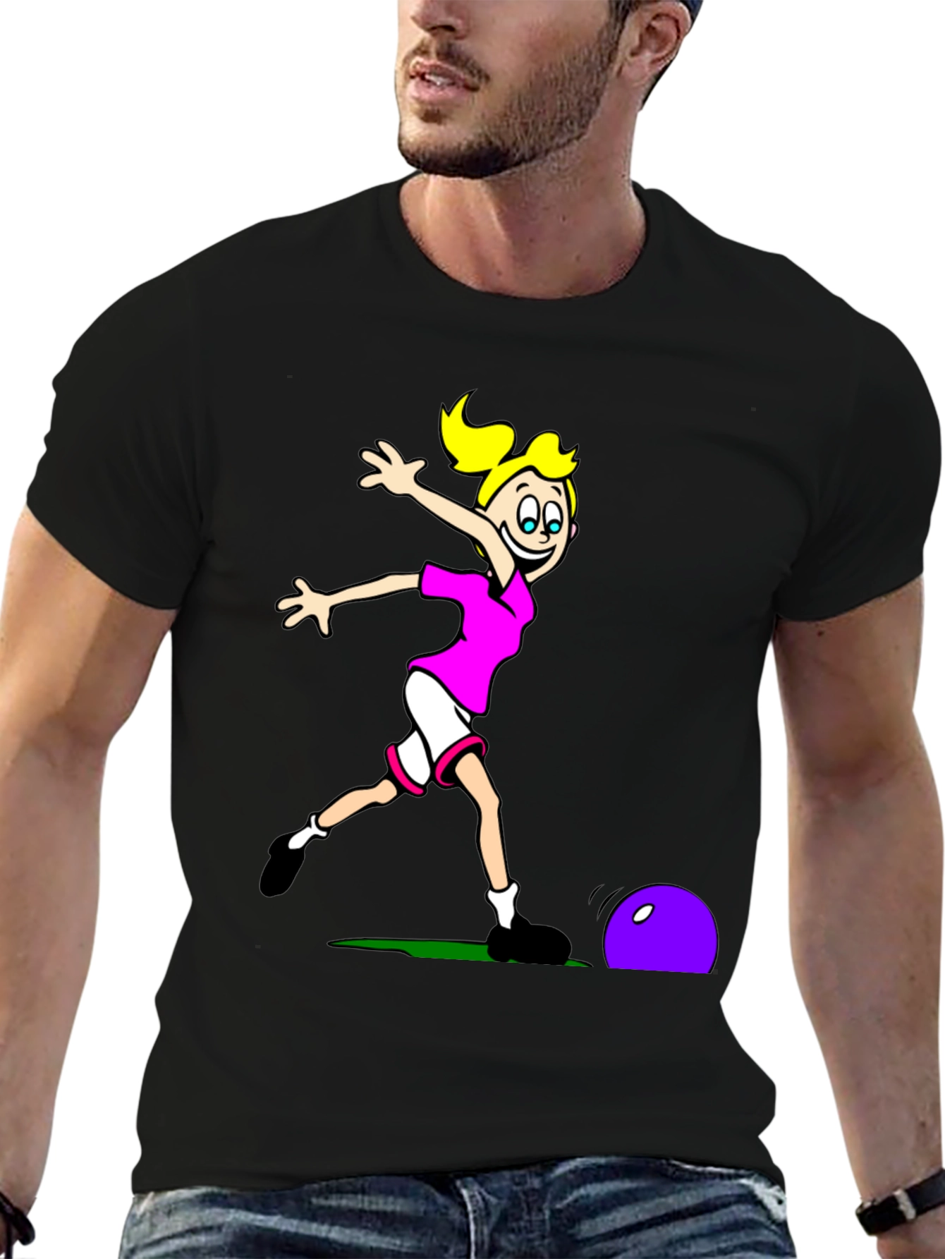 Cartoon Soccer Girl T-Shirt - Black Cotton Tee