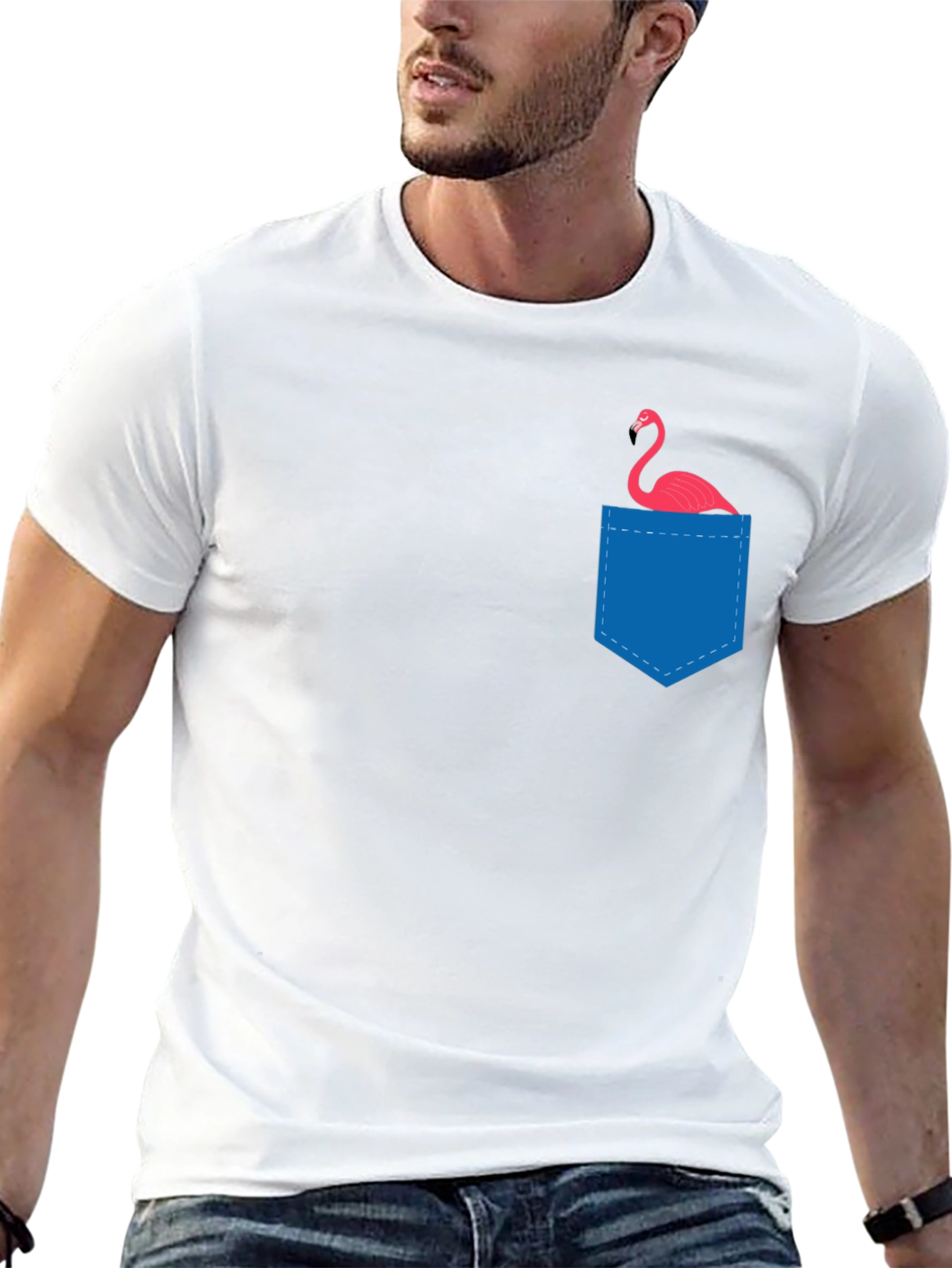 Mens Black T-Shirt with Flamingo Pocket