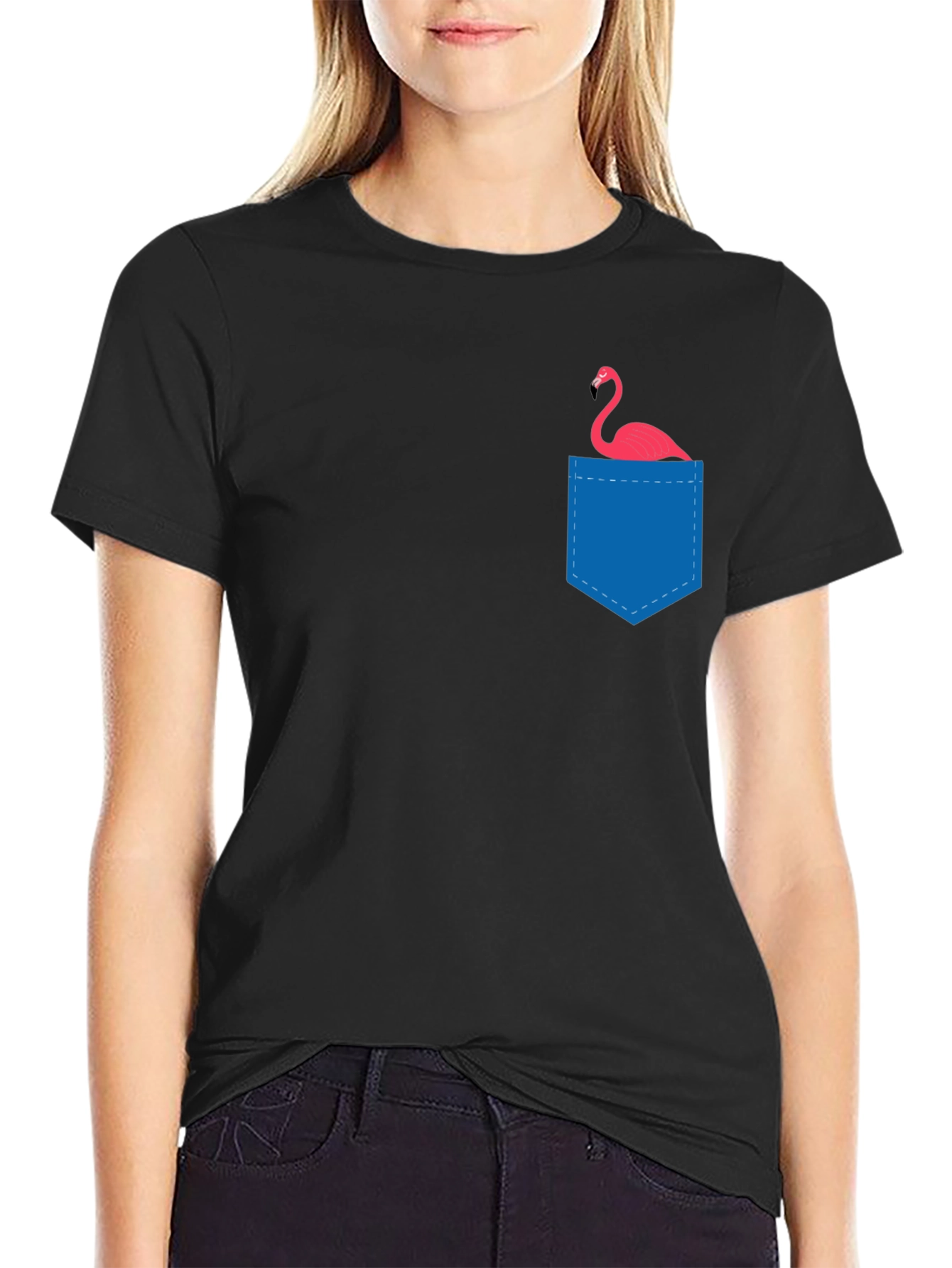 Mens Black T-Shirt with Flamingo Pocket