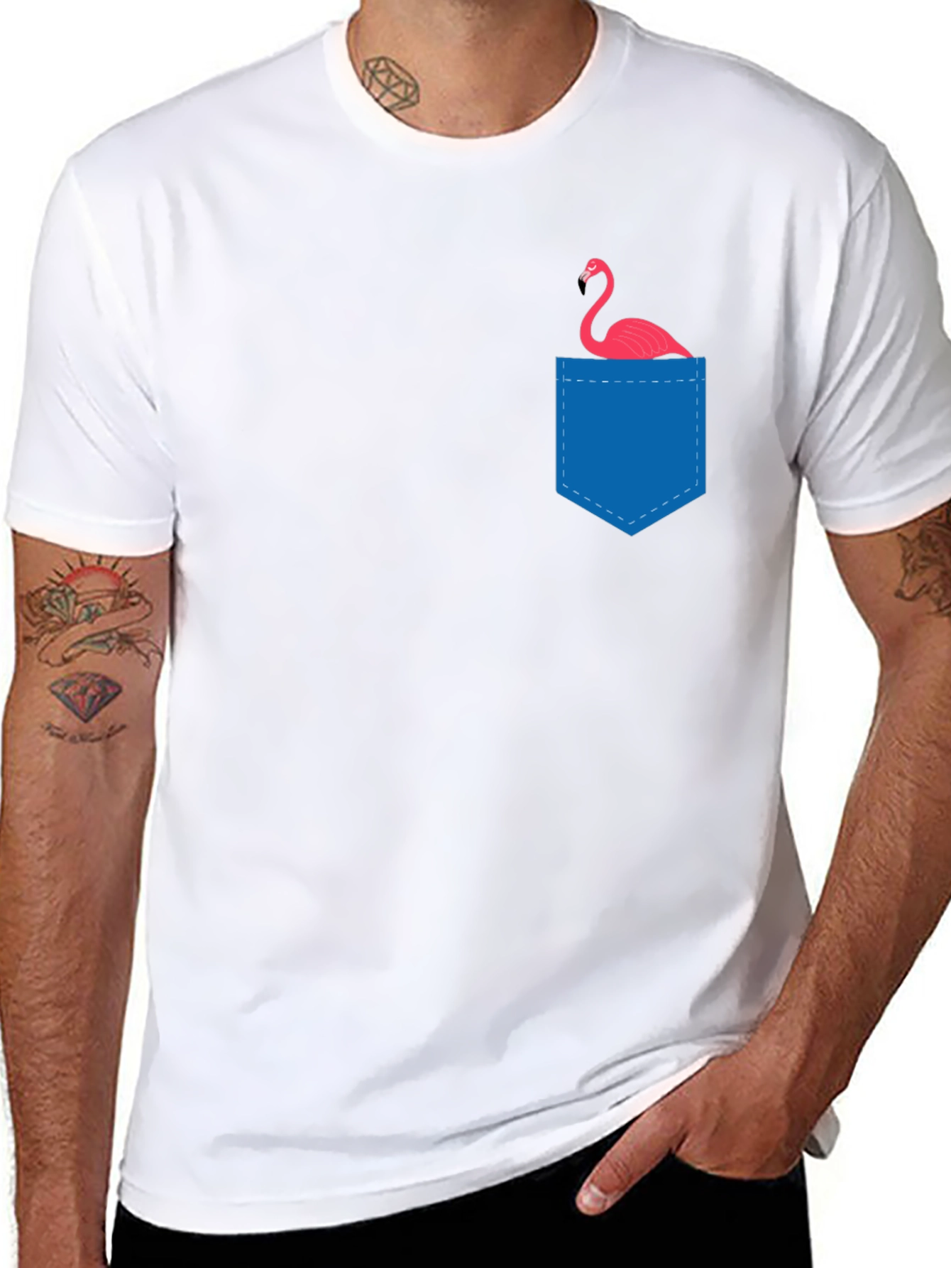 Mens Black T-Shirt with Flamingo Pocket