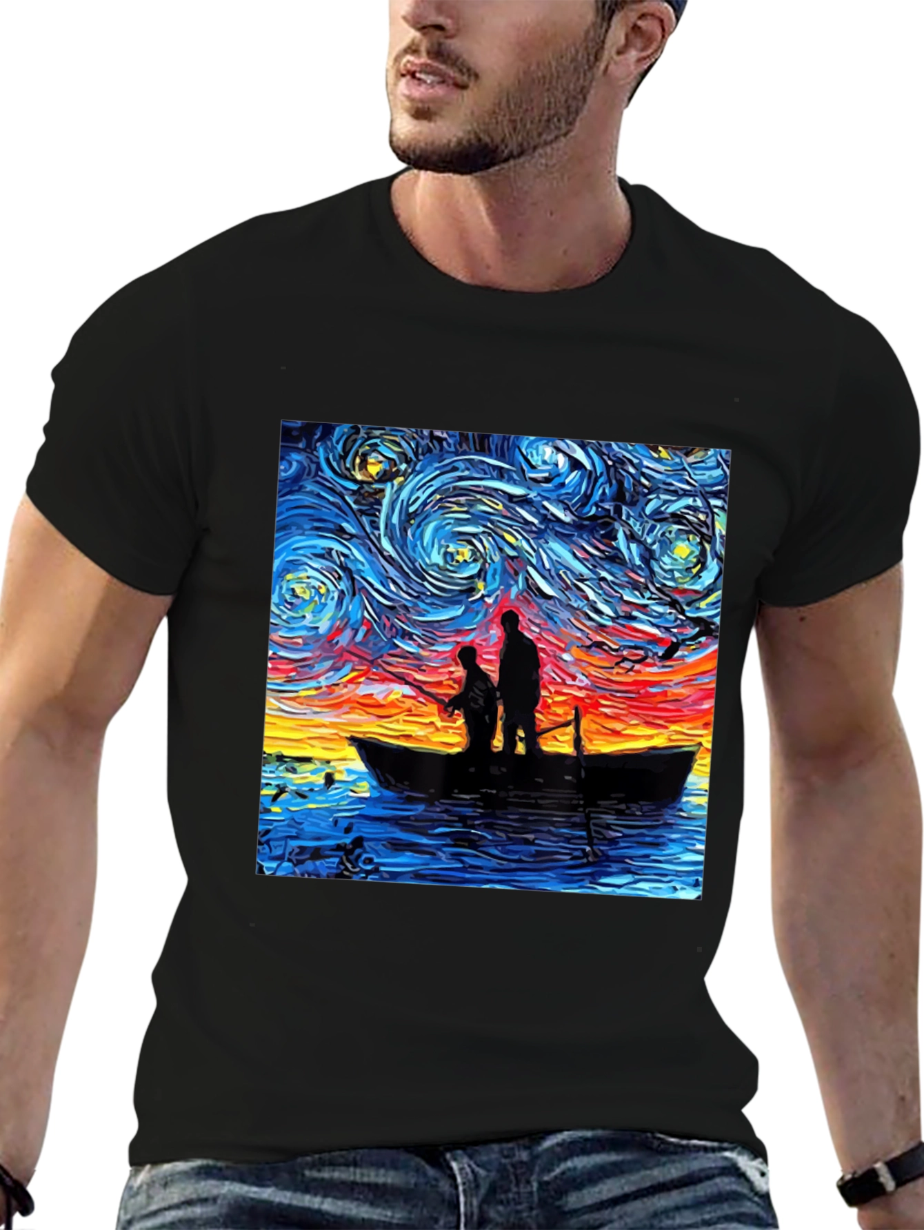 Starry Night Fishing Graphic Tee - Unique Art Shirt