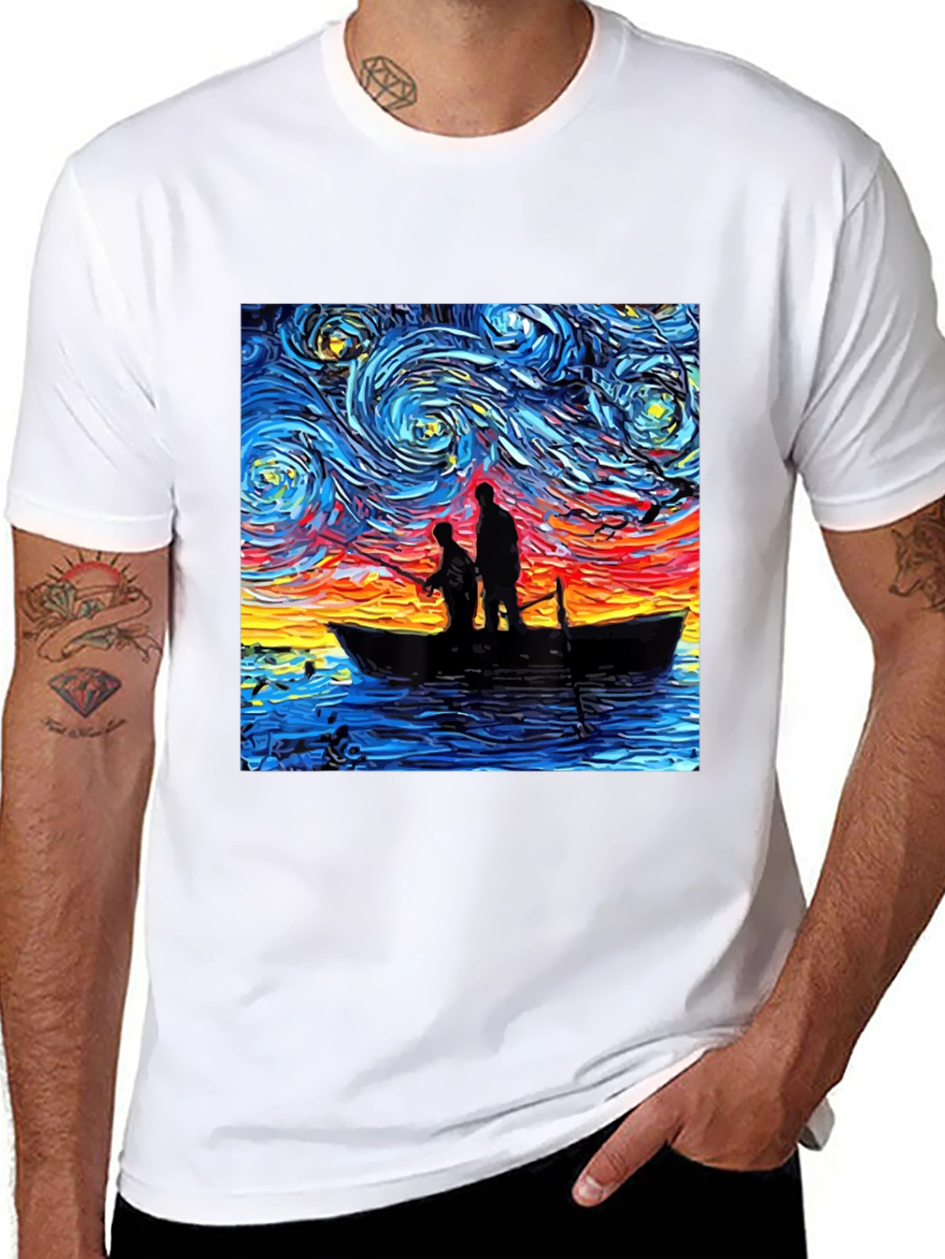 Starry Night Fishing Graphic Tee - Unique Art Shirt