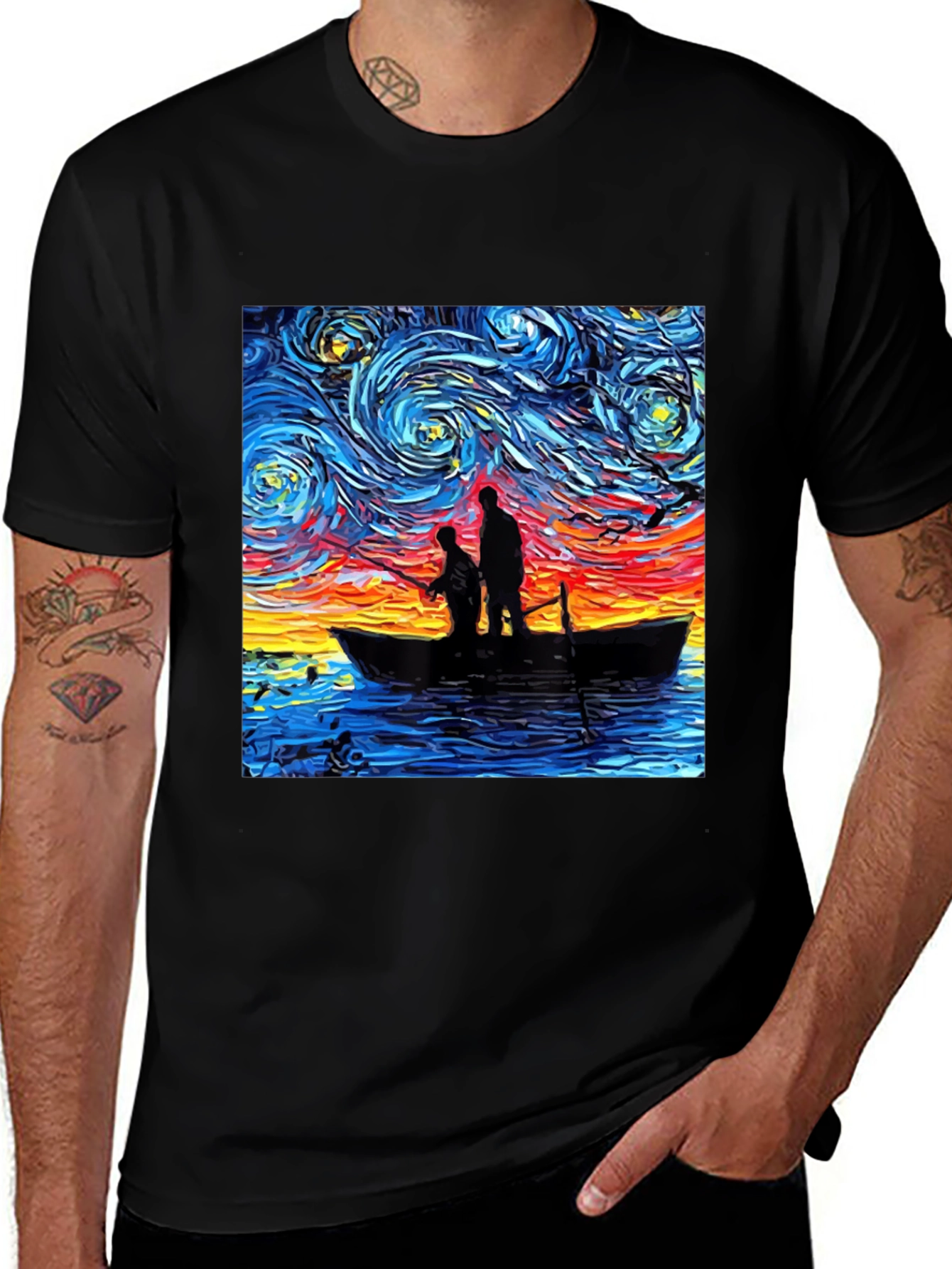 Starry Night Fishing Graphic Tee - Unique Art Shirt