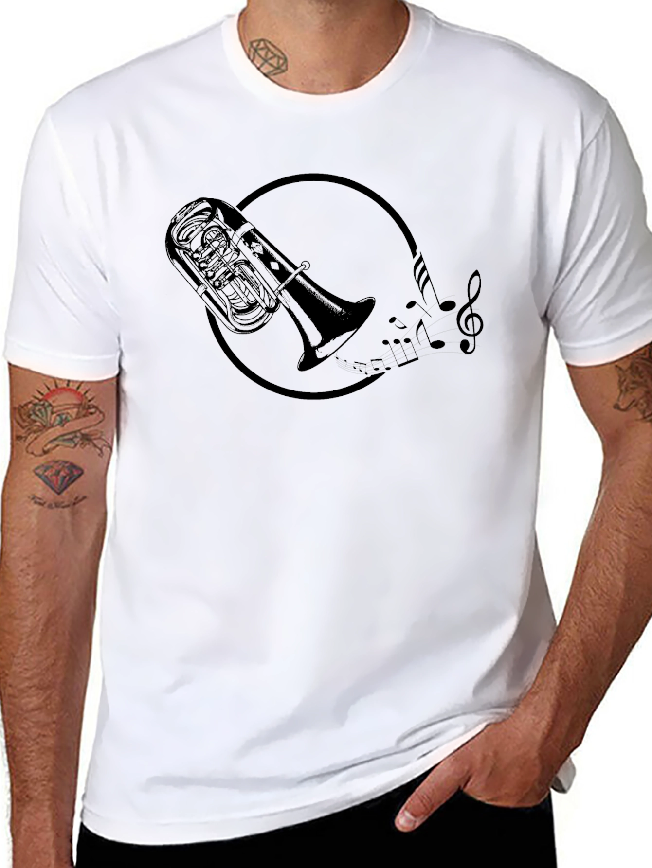 Tuba Music Notes Graphic Black T-Shirt