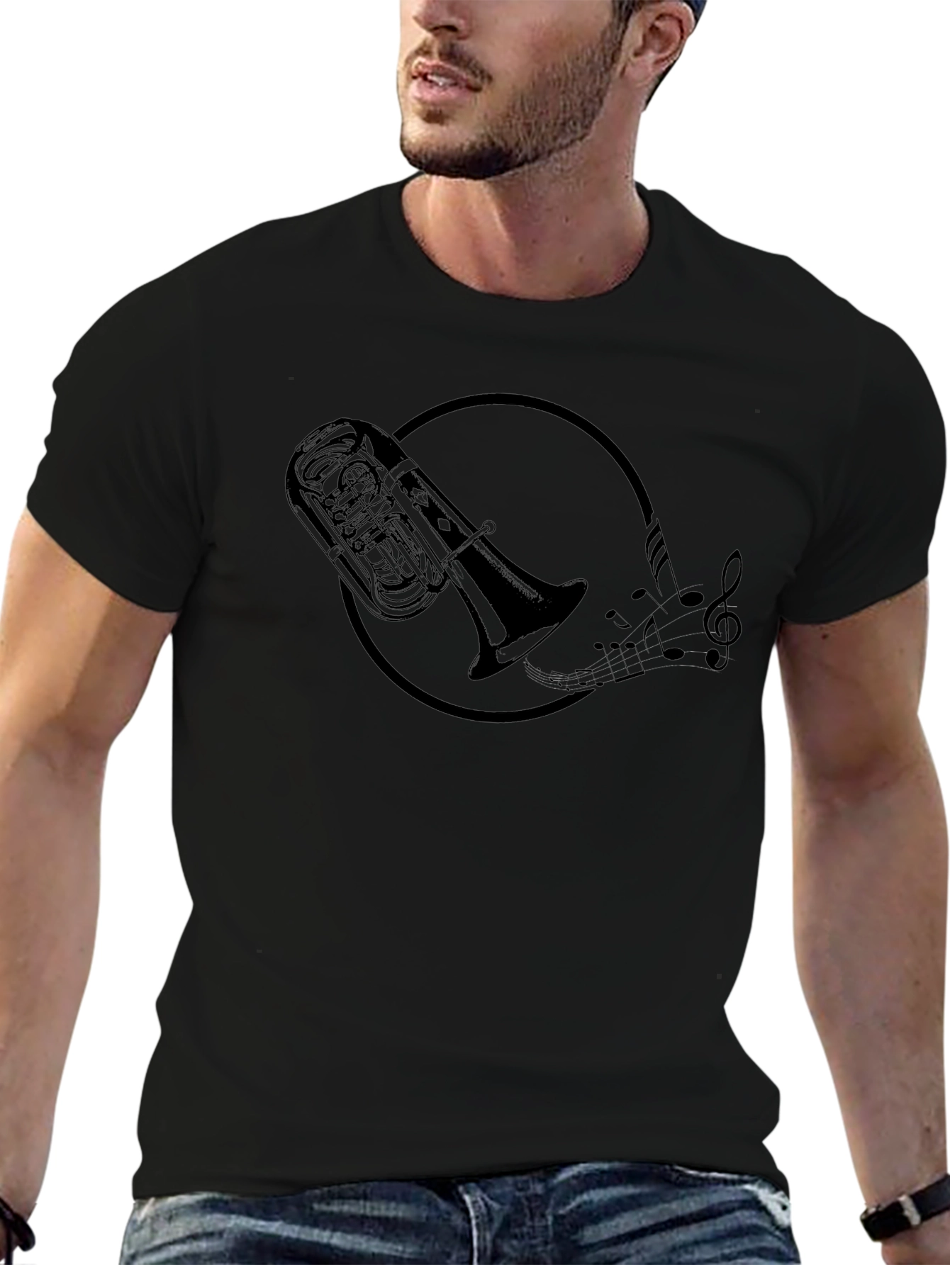 Tuba Music Notes Graphic Black T-Shirt