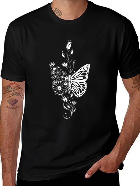 Butterfly Floral Graphic Tee - Black Cotton Blend