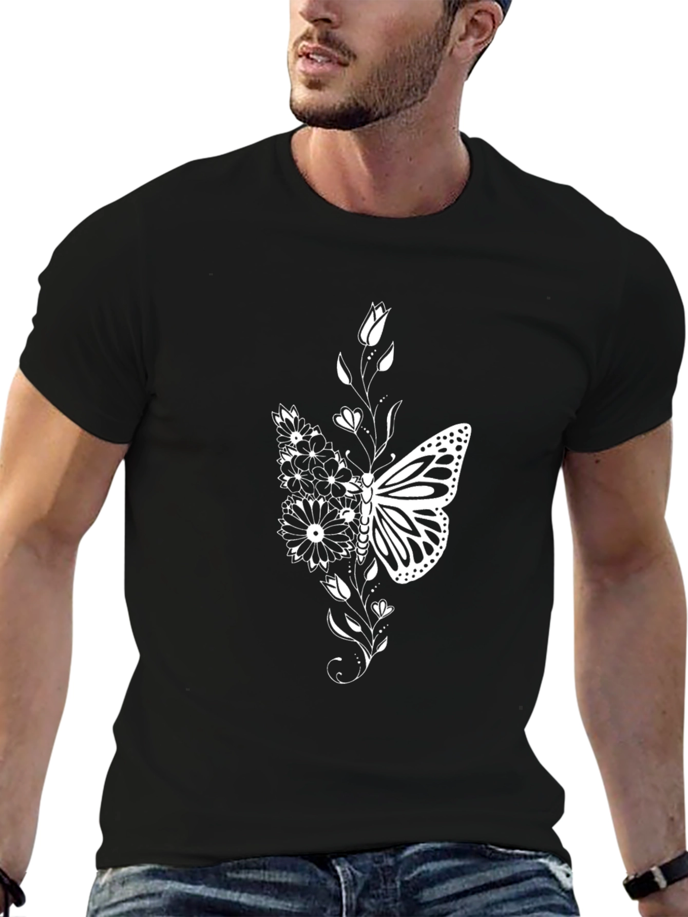 Butterfly Floral Graphic Tee - Black Cotton Blend