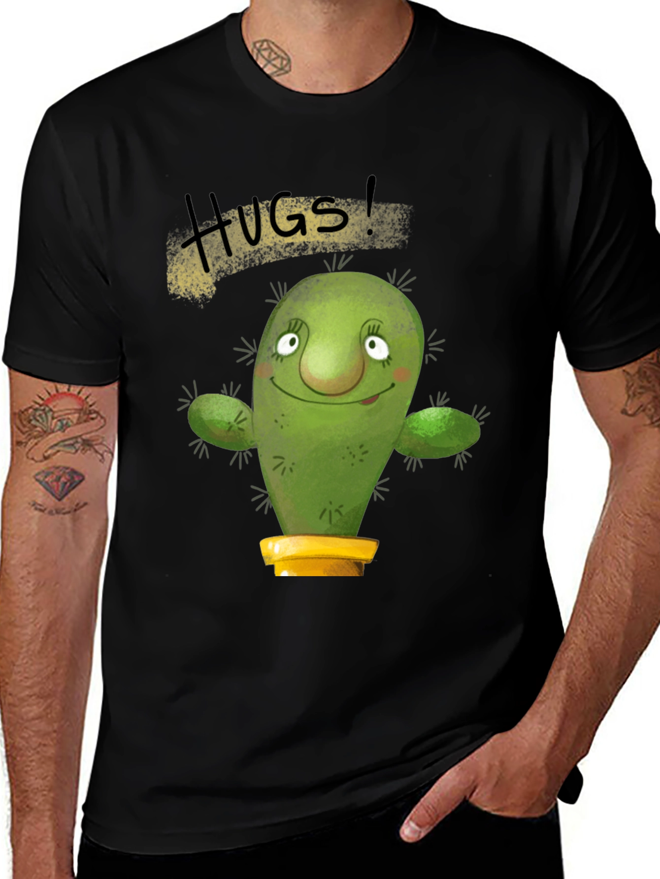 Hugs Cactus Black T-Shirt Novelty Graphic Tee