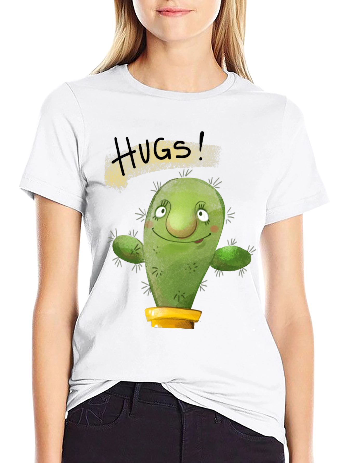 Hugs Cactus Black T-Shirt Novelty Graphic Tee