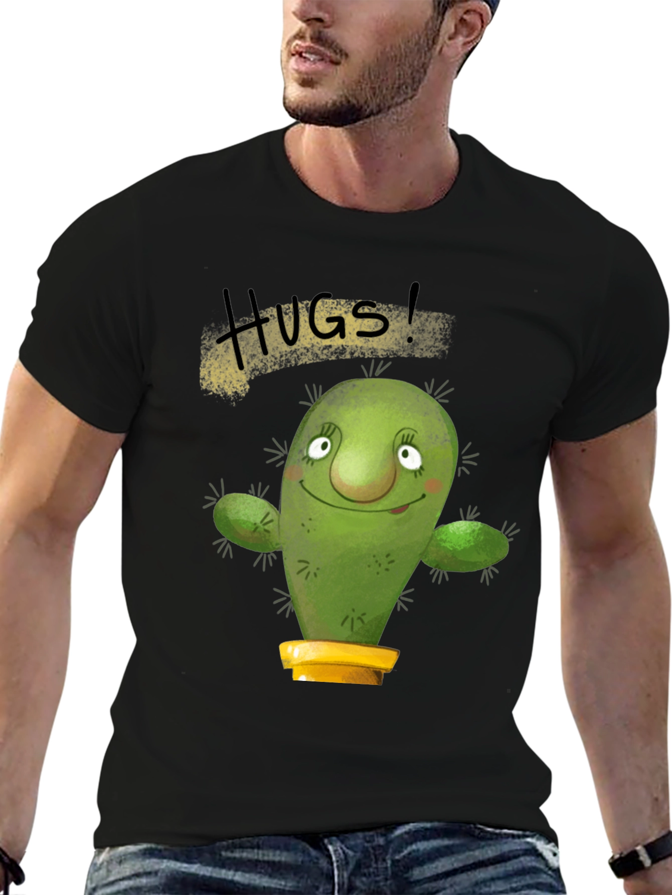 Hugs Cactus Black T-Shirt Novelty Graphic Tee