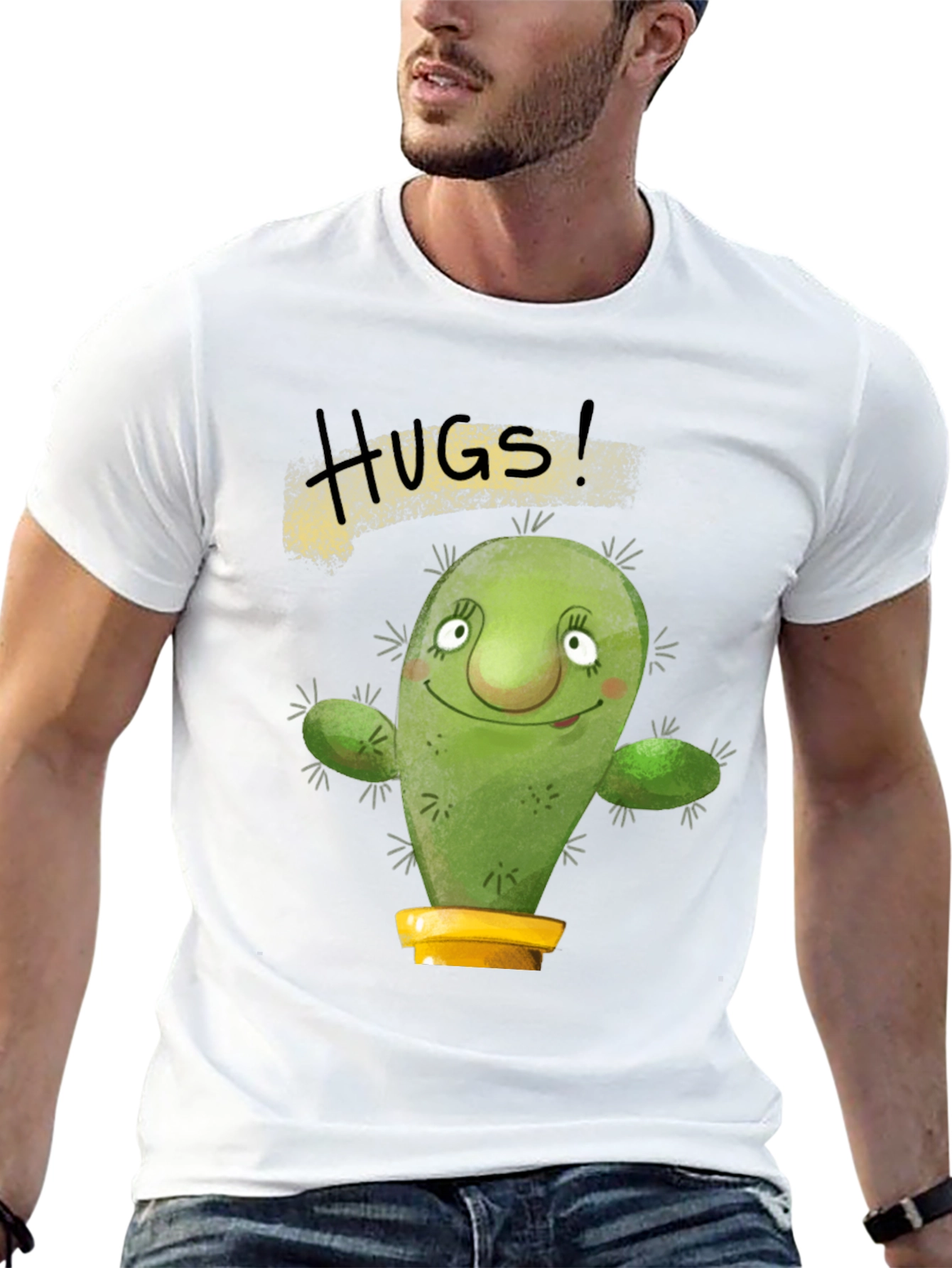 Hugs Cactus Black T-Shirt Novelty Graphic Tee