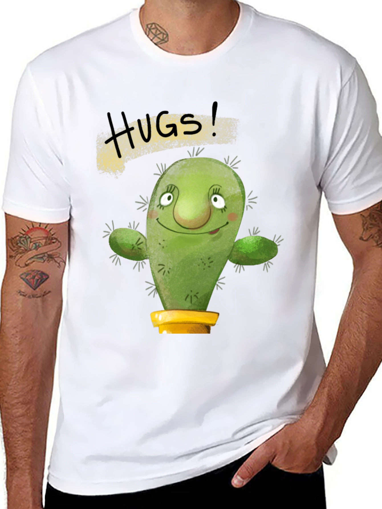 Hugs Cactus Black T-Shirt Novelty Graphic Tee