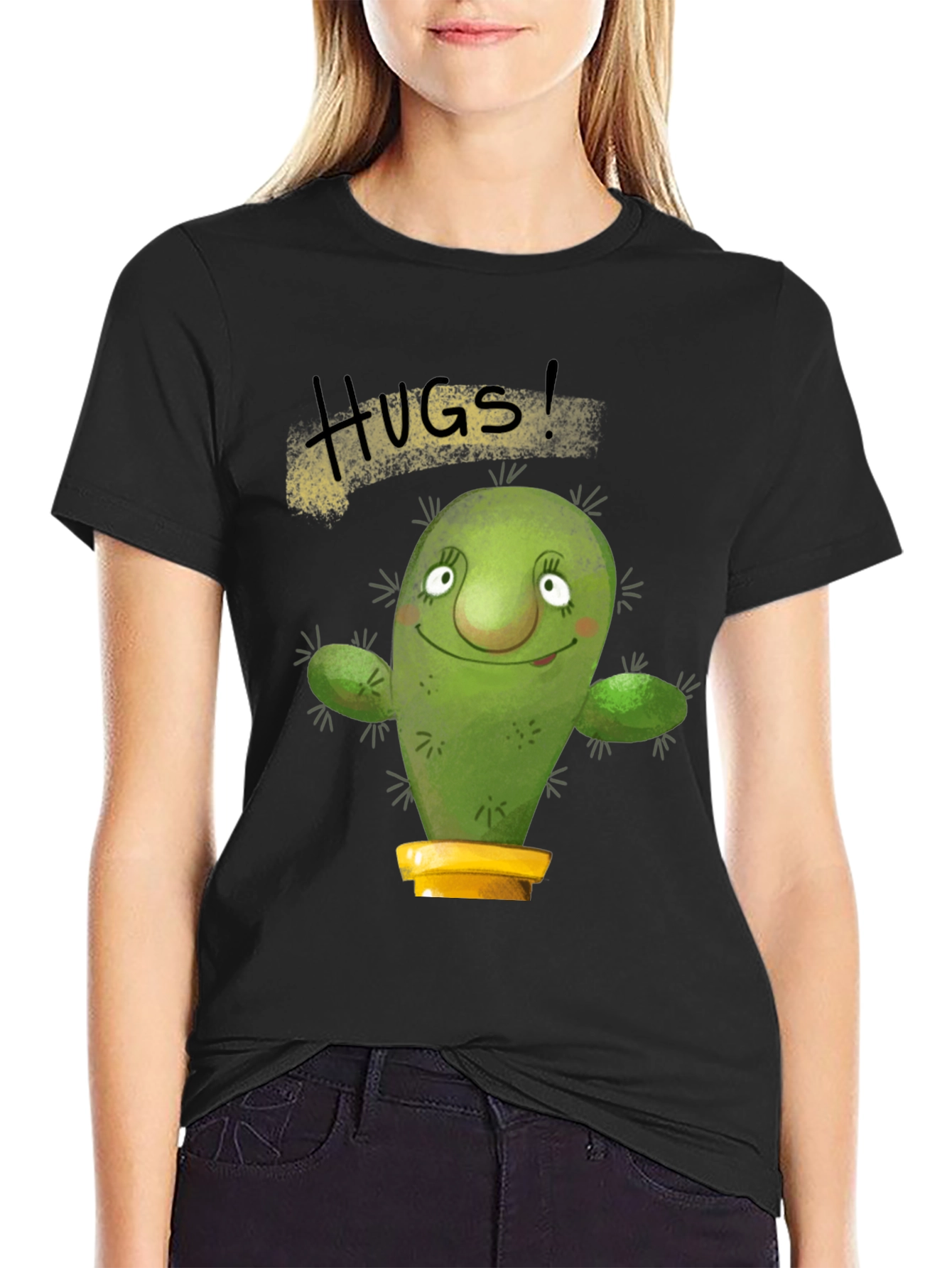 Hugs Cactus Black T-Shirt Novelty Graphic Tee