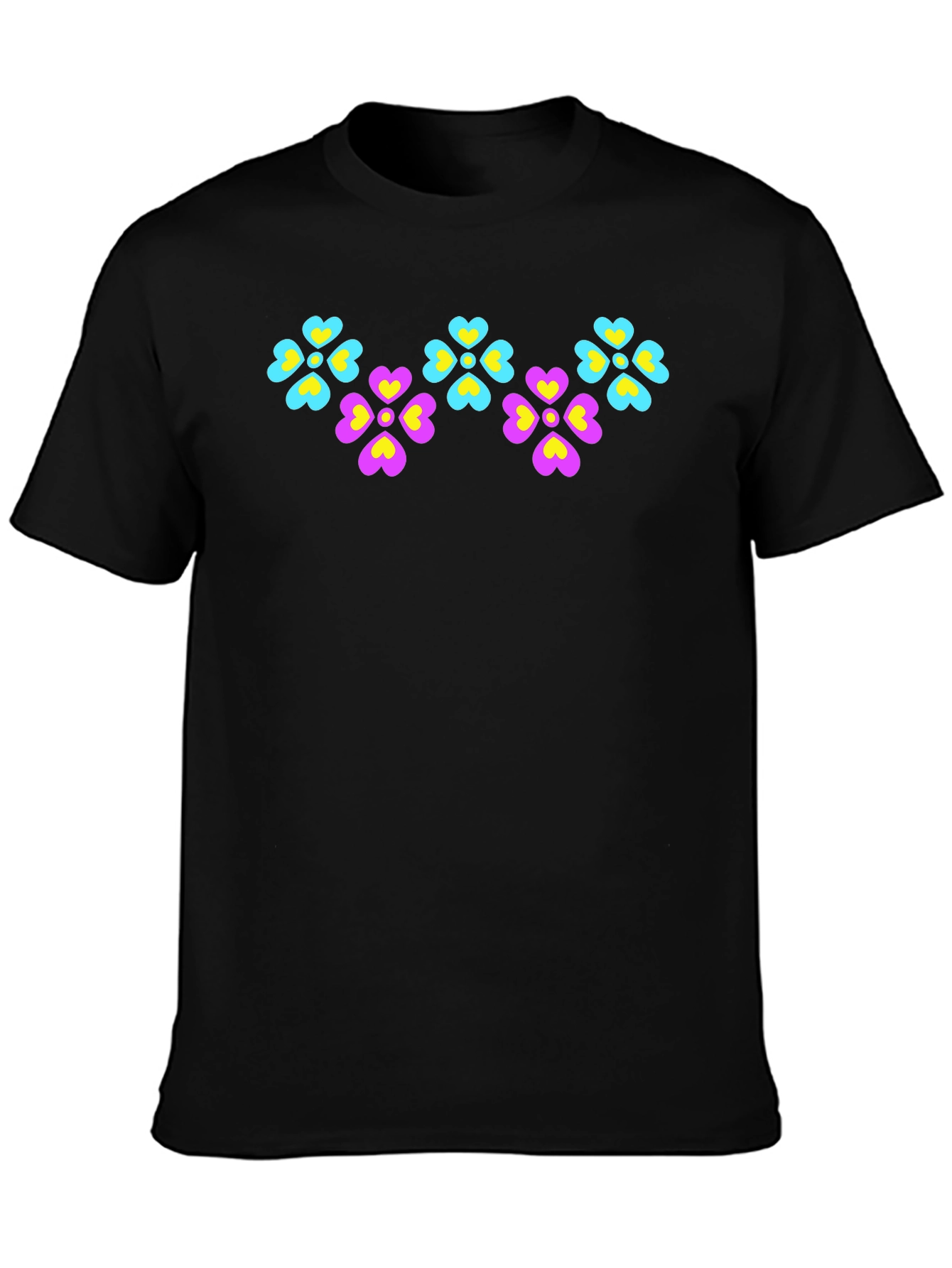 Floral Heart Pattern Black T-Shirt