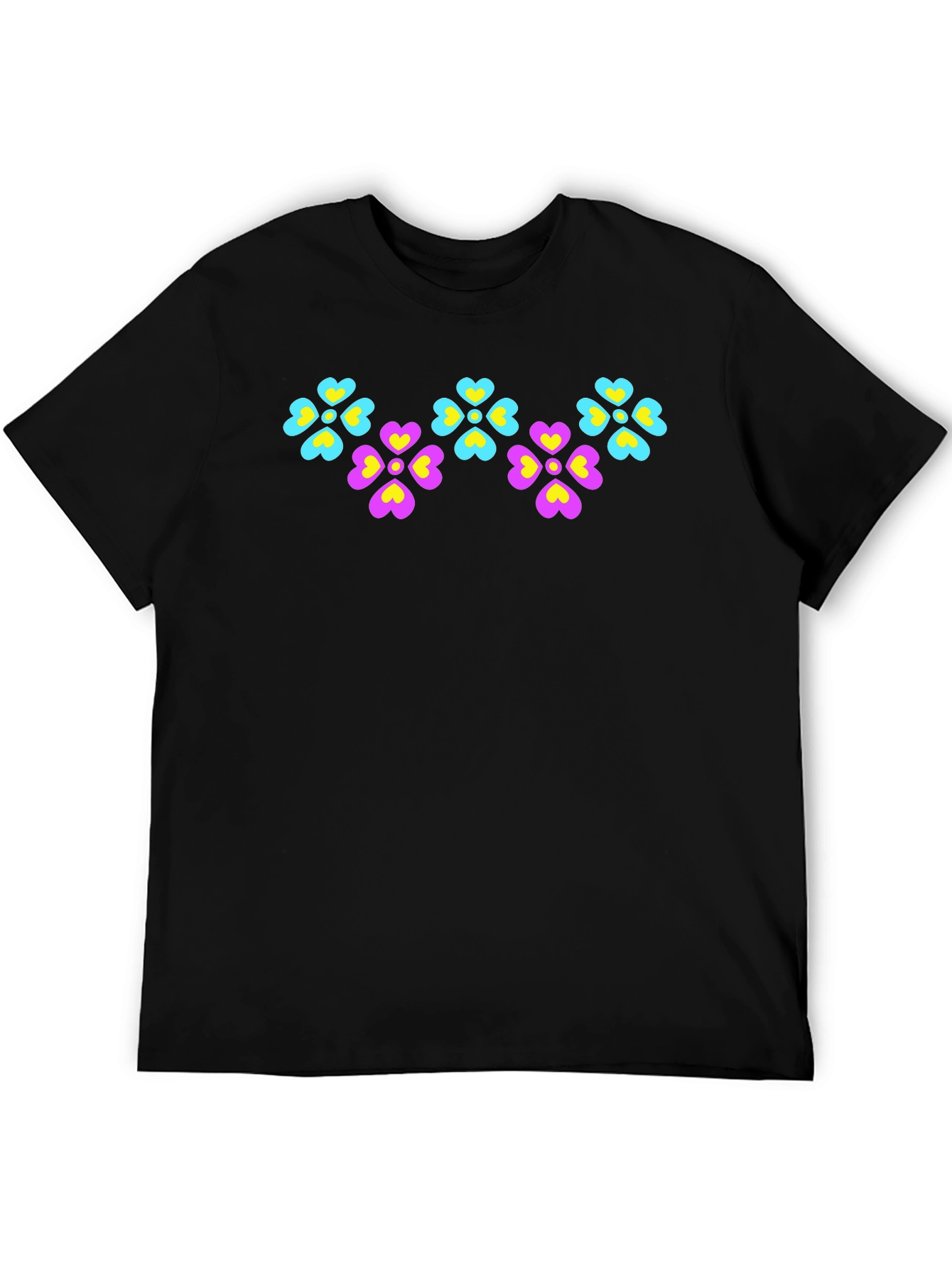 Floral Heart Pattern Black T-Shirt