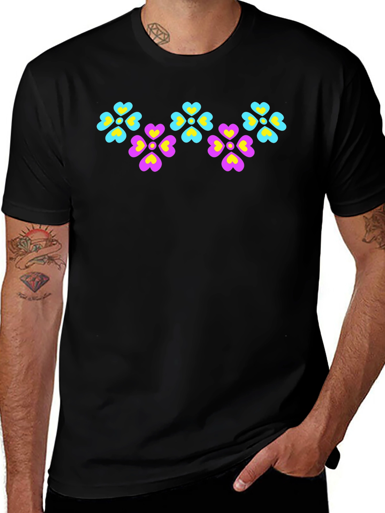 Floral Heart Pattern Black T-Shirt
