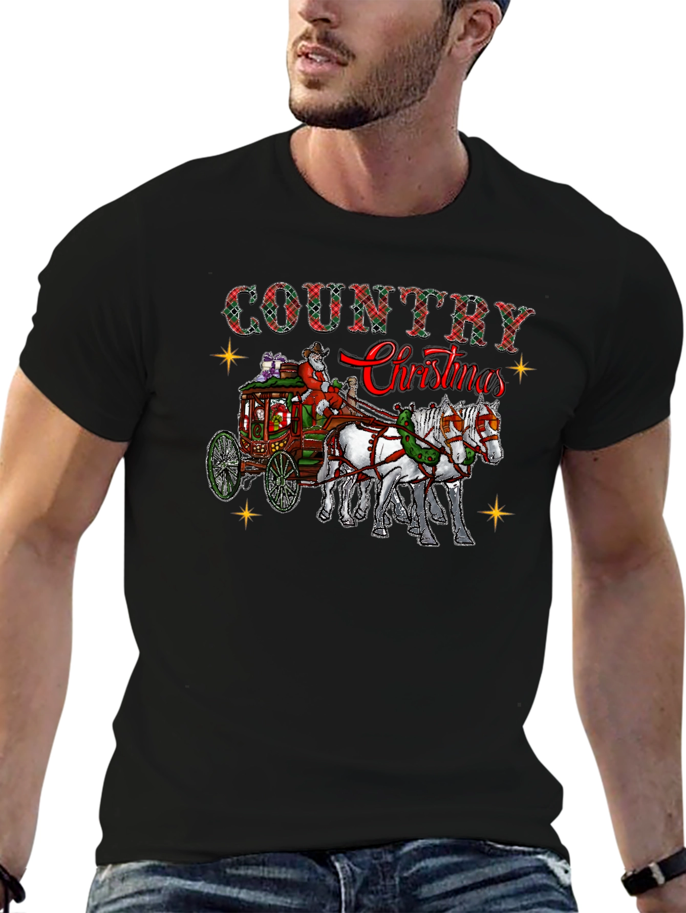 Country Christmas Santa Horse Drawn Carriage T-Shirt