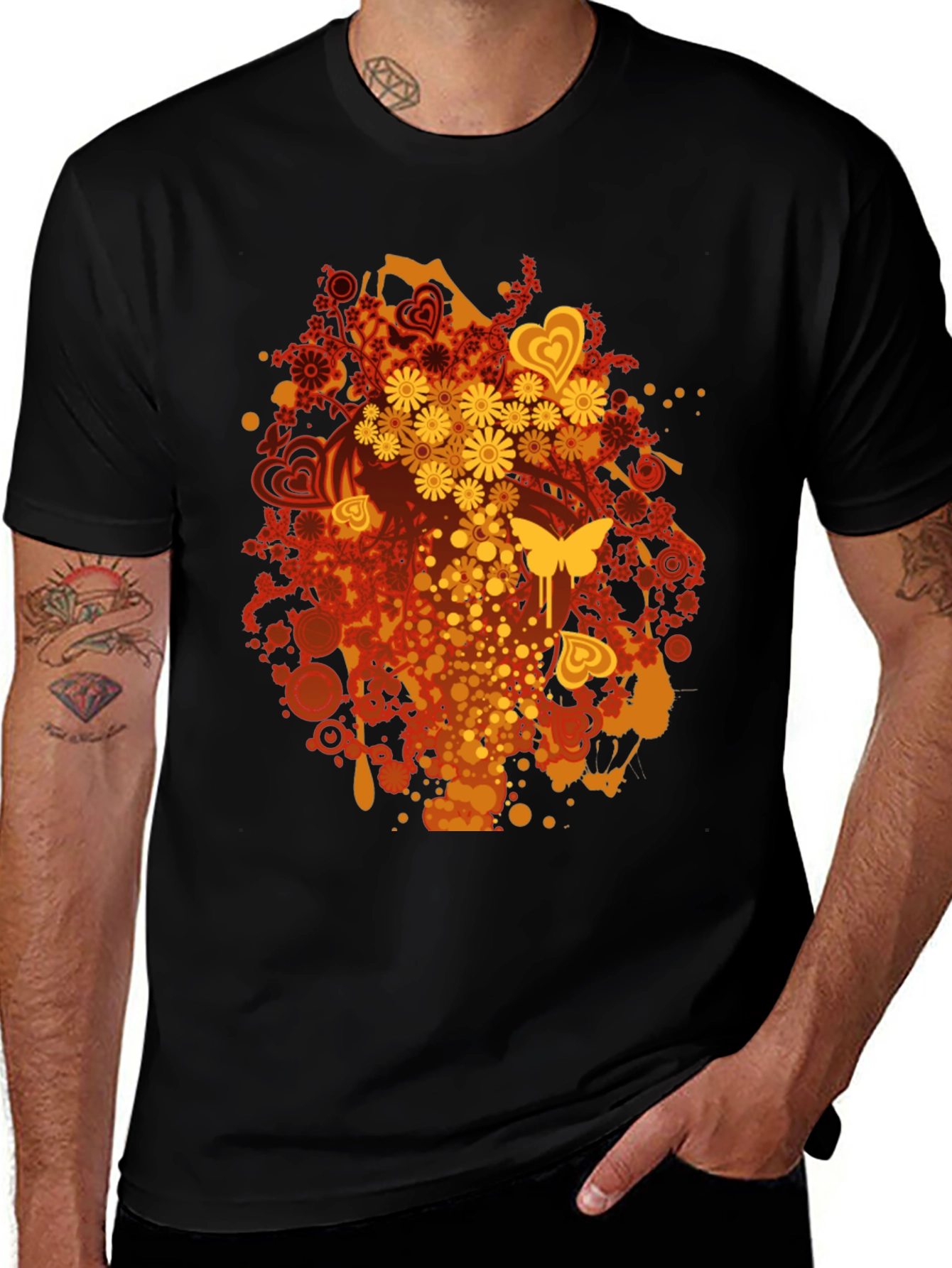 Retro Floral & Butterfly Black T-Shirt