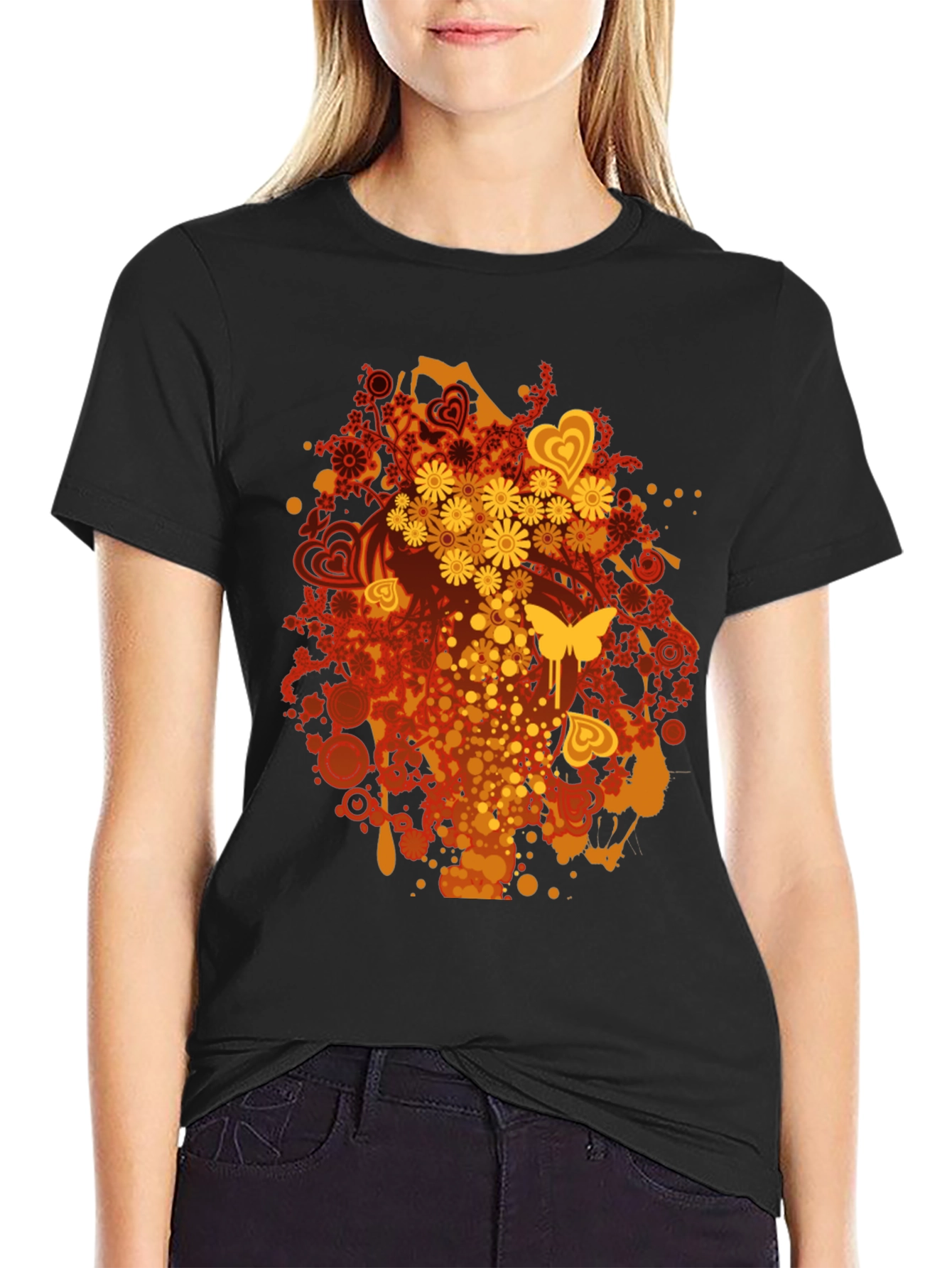 Retro Floral & Butterfly Black T-Shirt