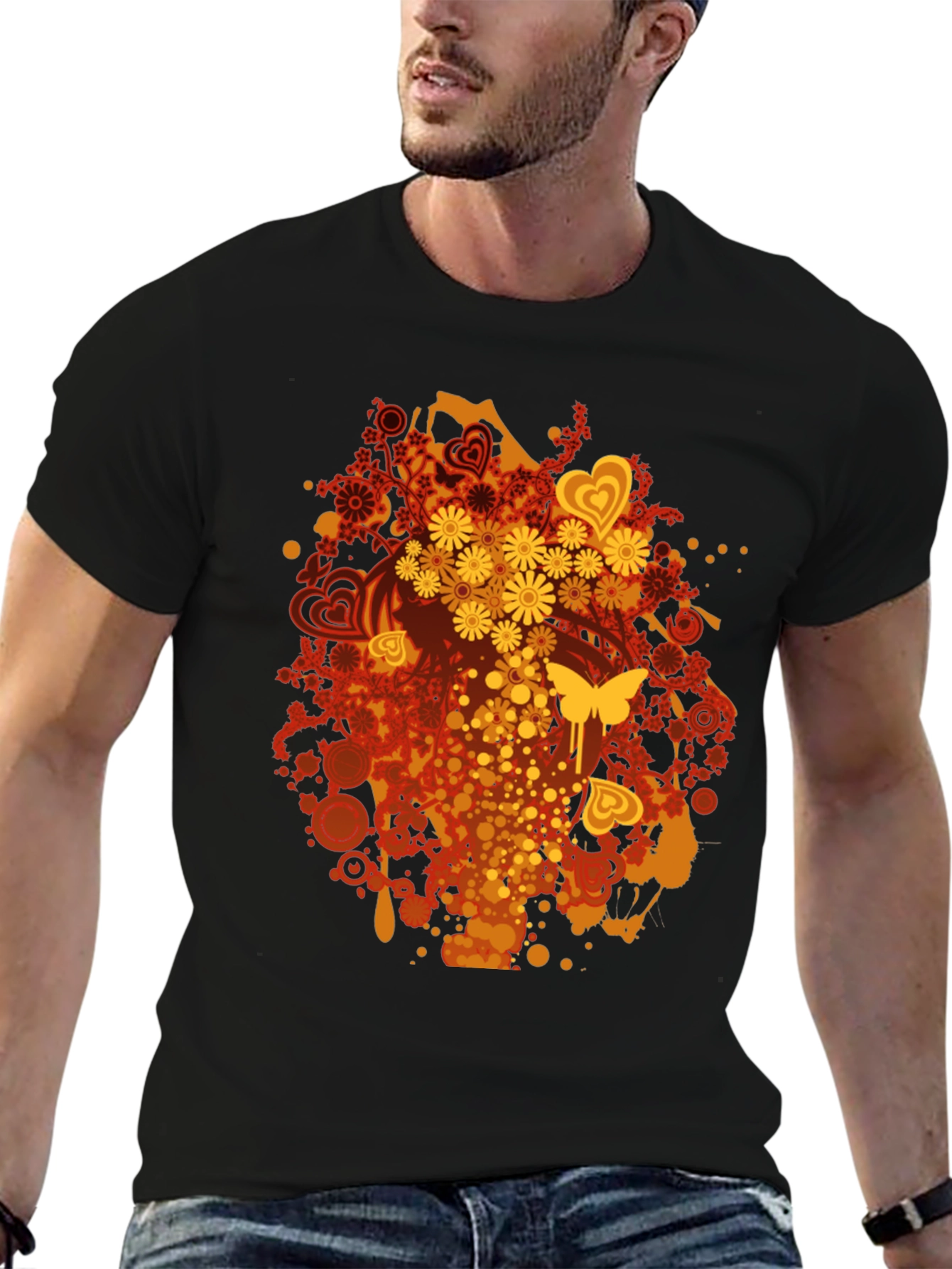 Retro Floral & Butterfly Black T-Shirt