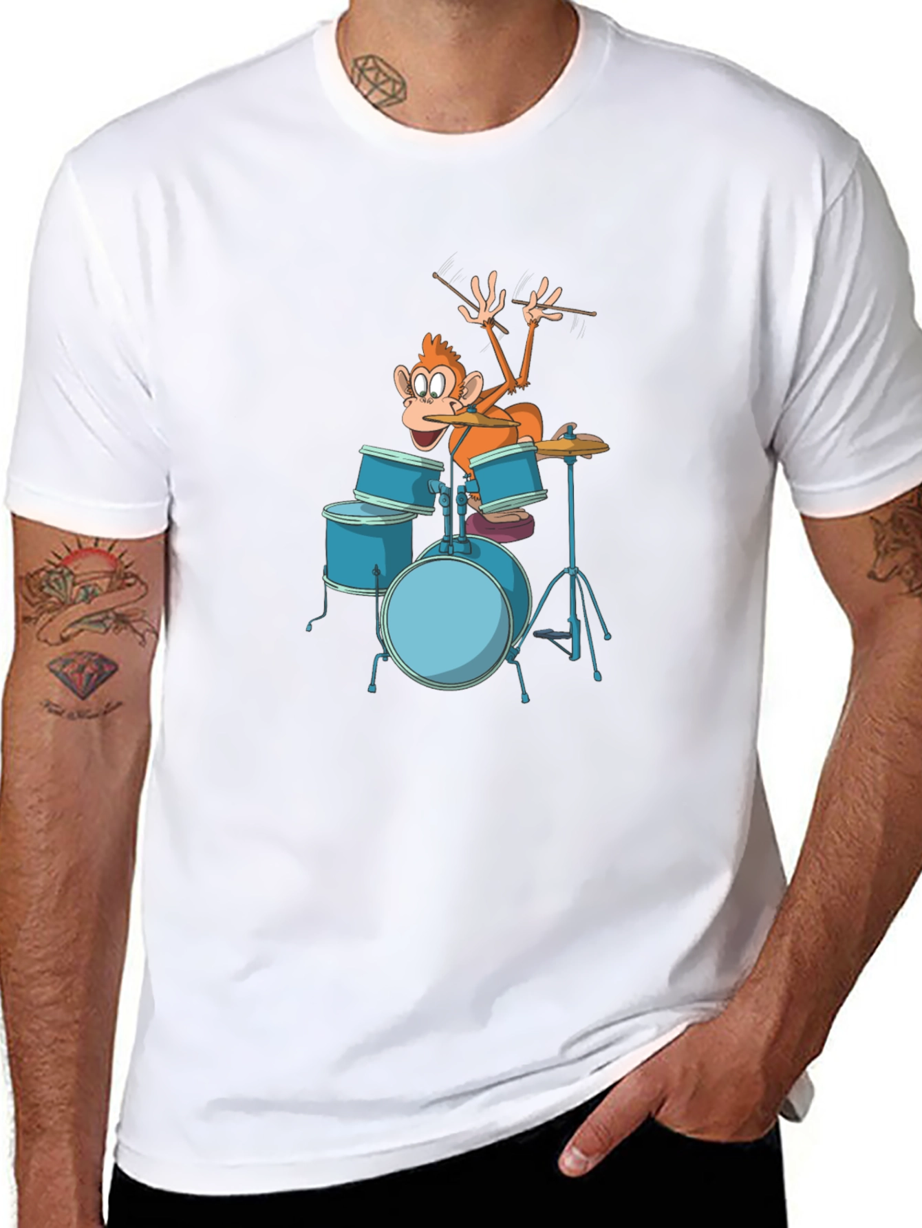 Funny Monkey Drummer Graphic Tee - Black Cotton T-Shirt